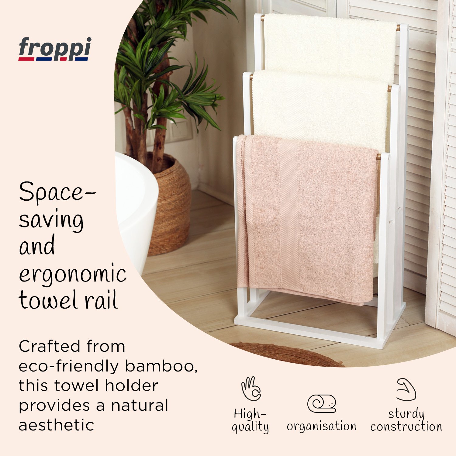 Froppi Bamboo Free Standing Towel Rack, Wooden Towel Holder and Ladder with 3 Bars