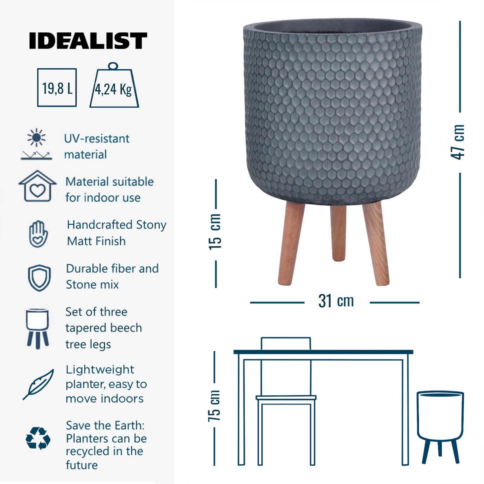 IDEALIST Lite Honeycomb Style Cylinder Planter on Legs, Round Pot Plant Stand Indoor