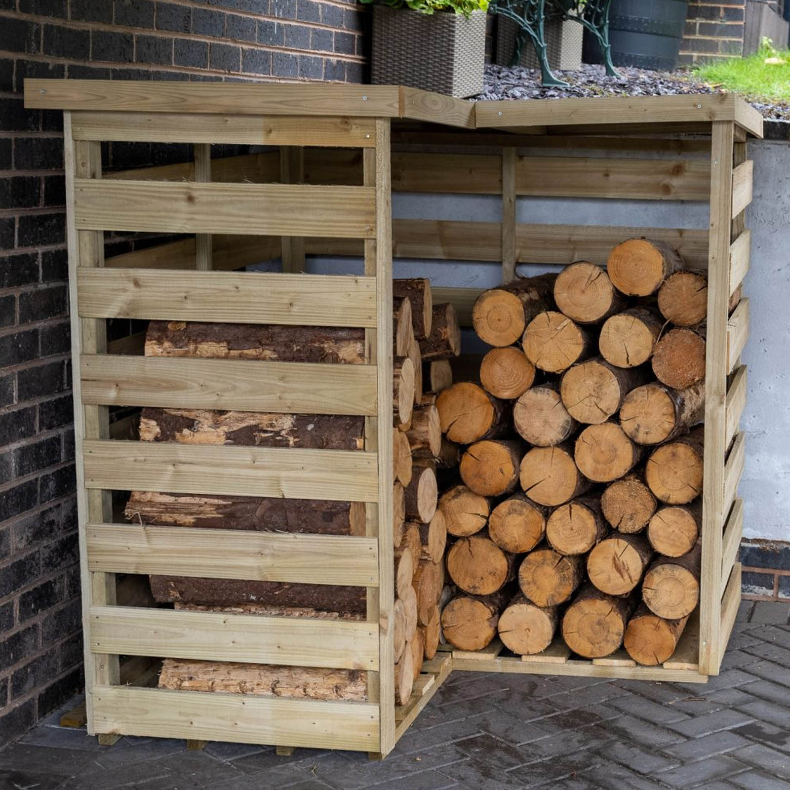 Outdoor Wooden Corner Log Store by Forest Garden