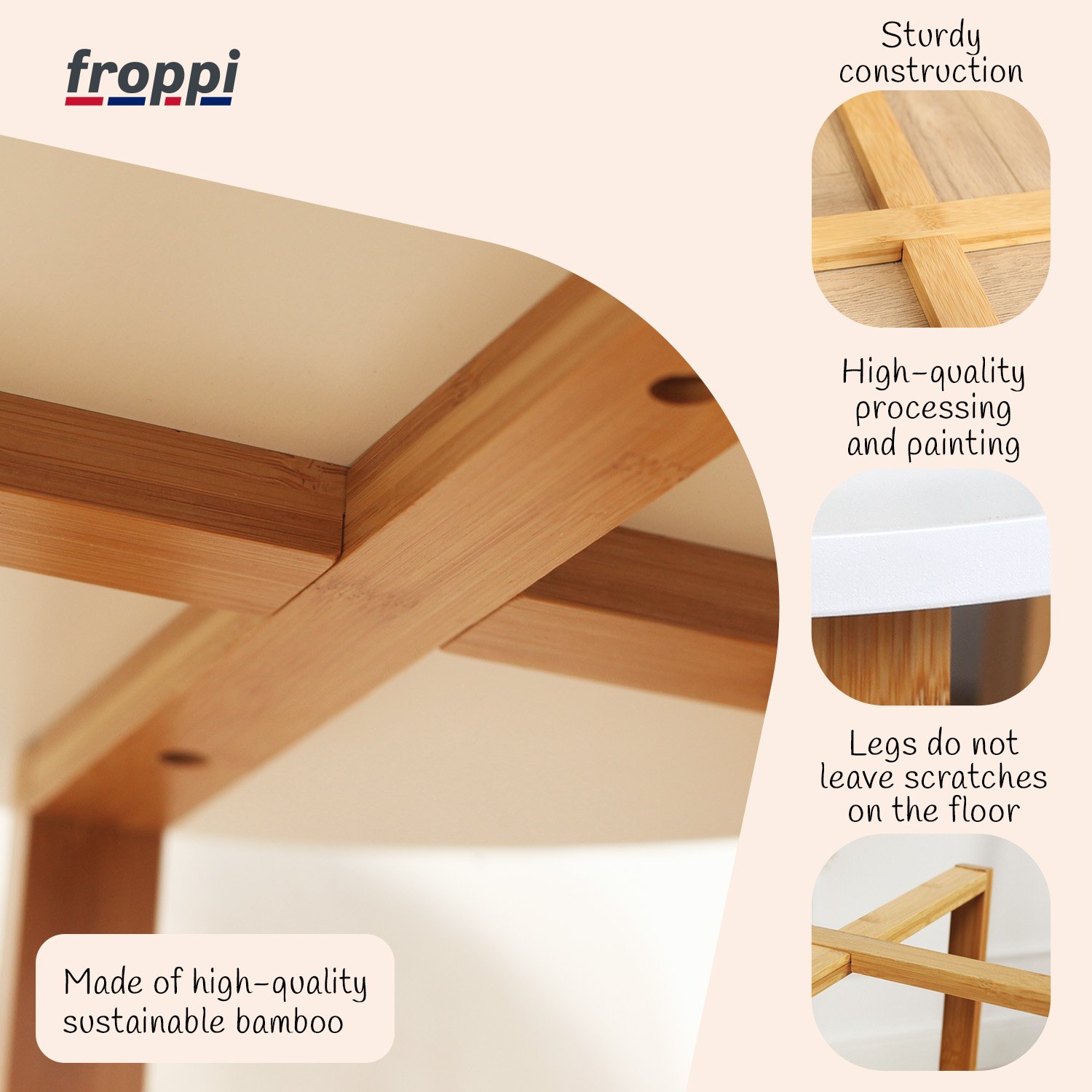 Froppi Small Round Coffee Table for Living Room White Wood Cocktail Table on Natural Bamboo Frame