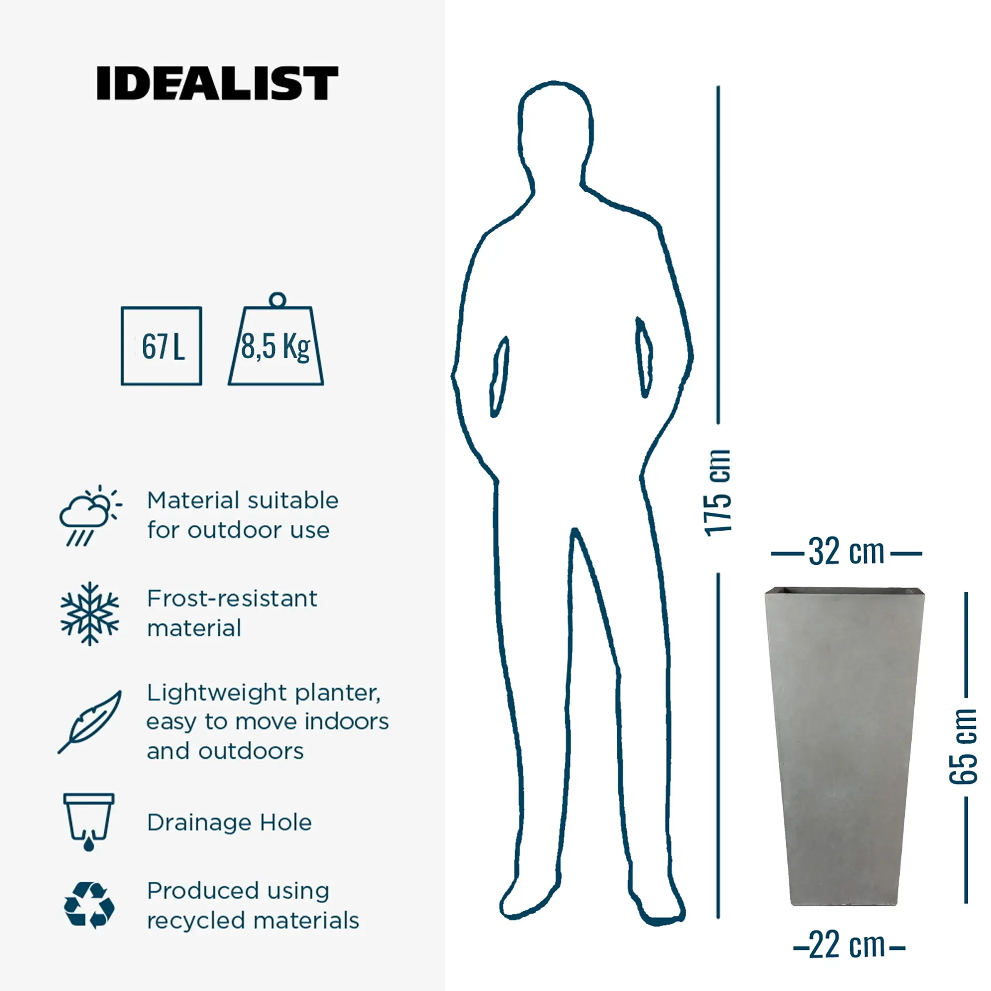 IDEALIST Lite Tall Tapered Contemporary Light Concrete Planter