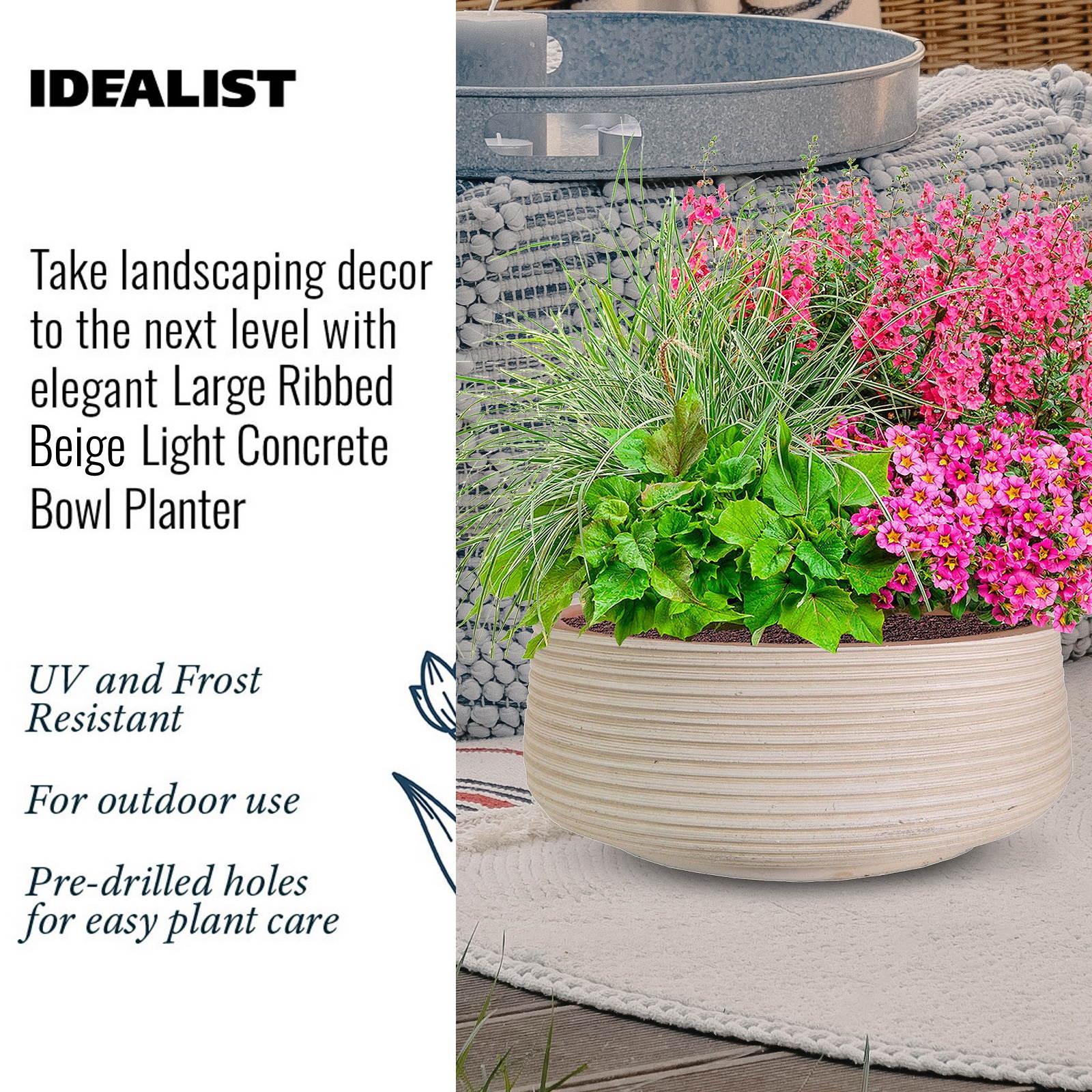 IDEALIST Lite Large Ribbed Light Concrete Bowl Planter