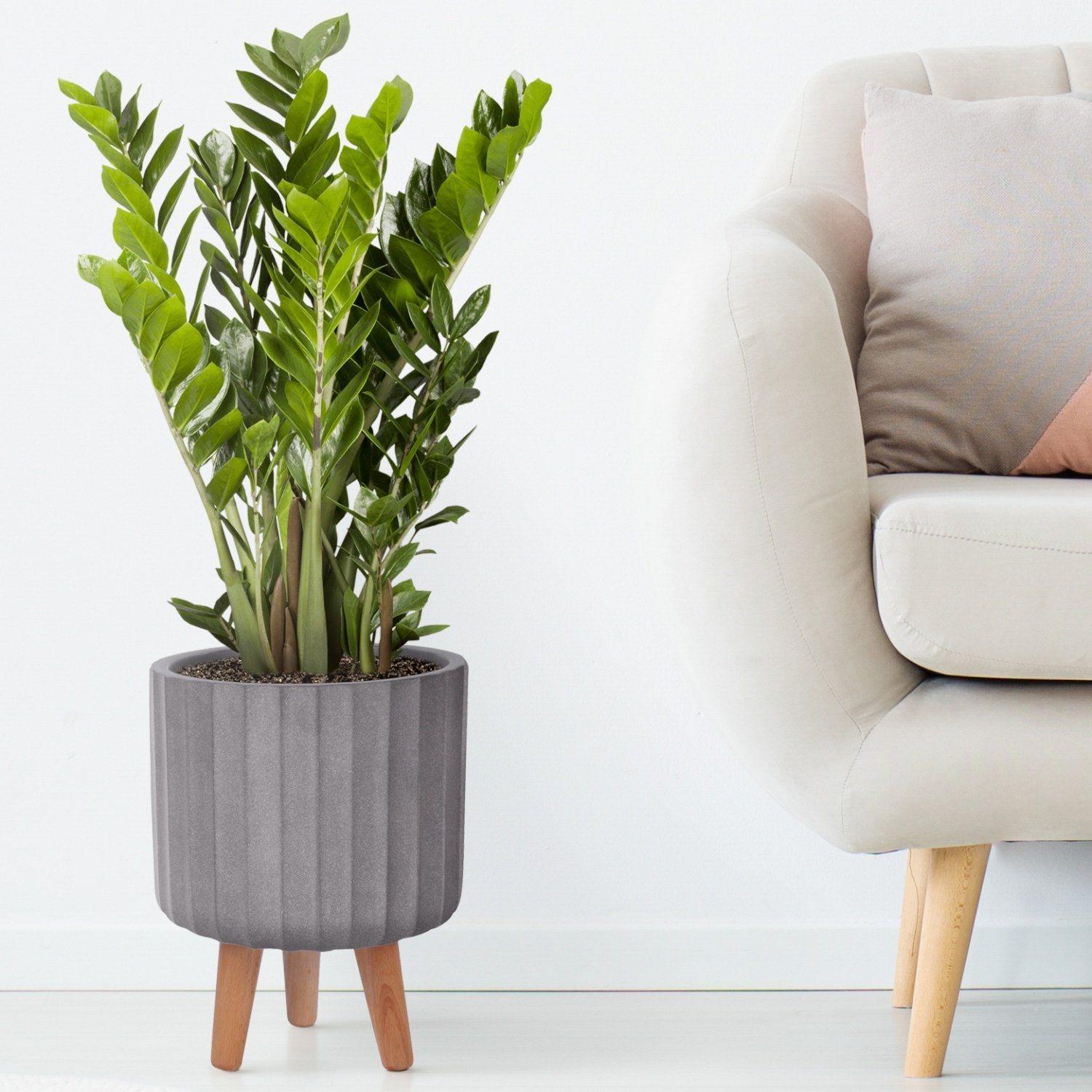 IDEALIST Lite Modern Ribbed Cylinder Planter on Legs, Round Pot Plant Stand Indoor