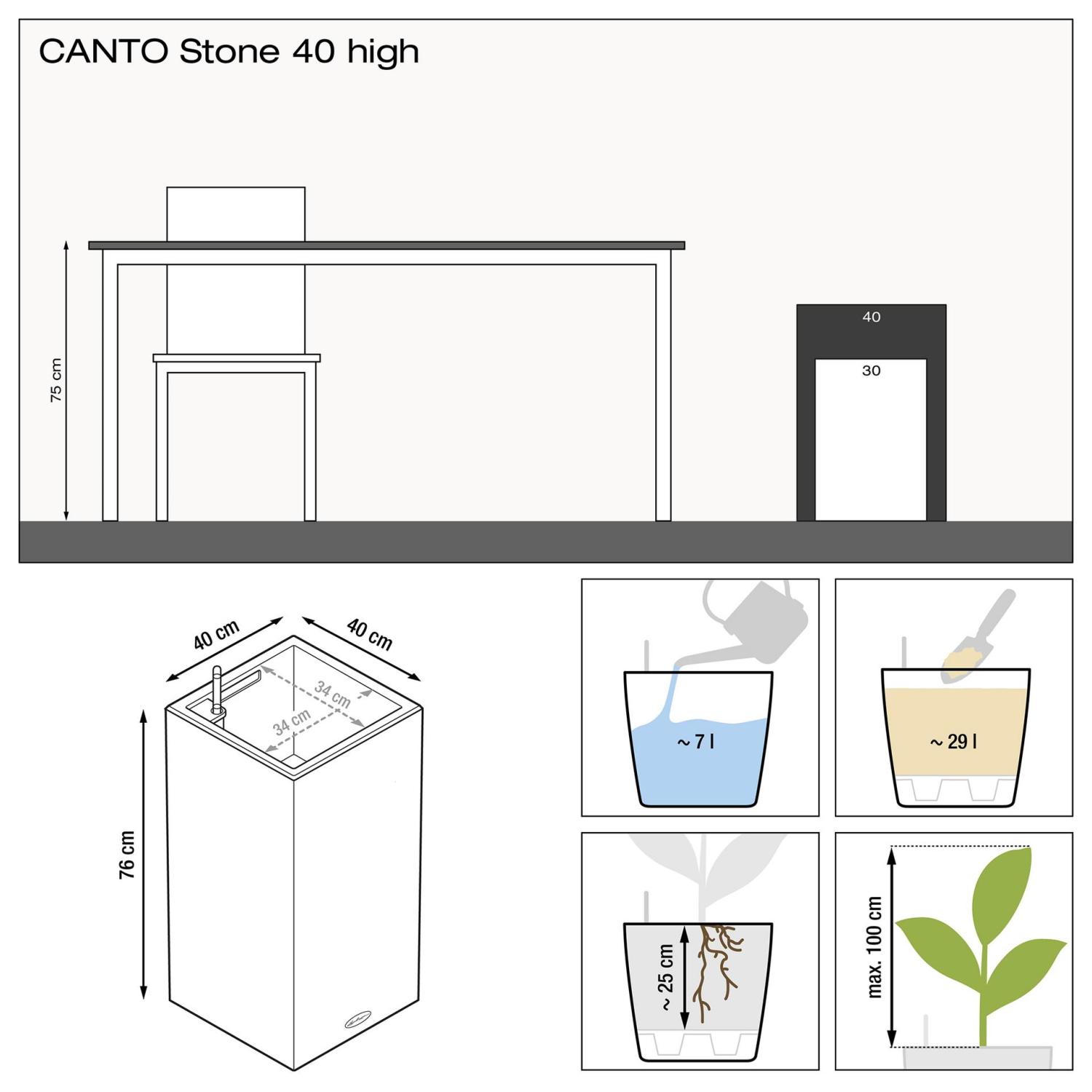 LECHUZA CANTO Stone High Square Tall Poly Resin Self-watering Planter