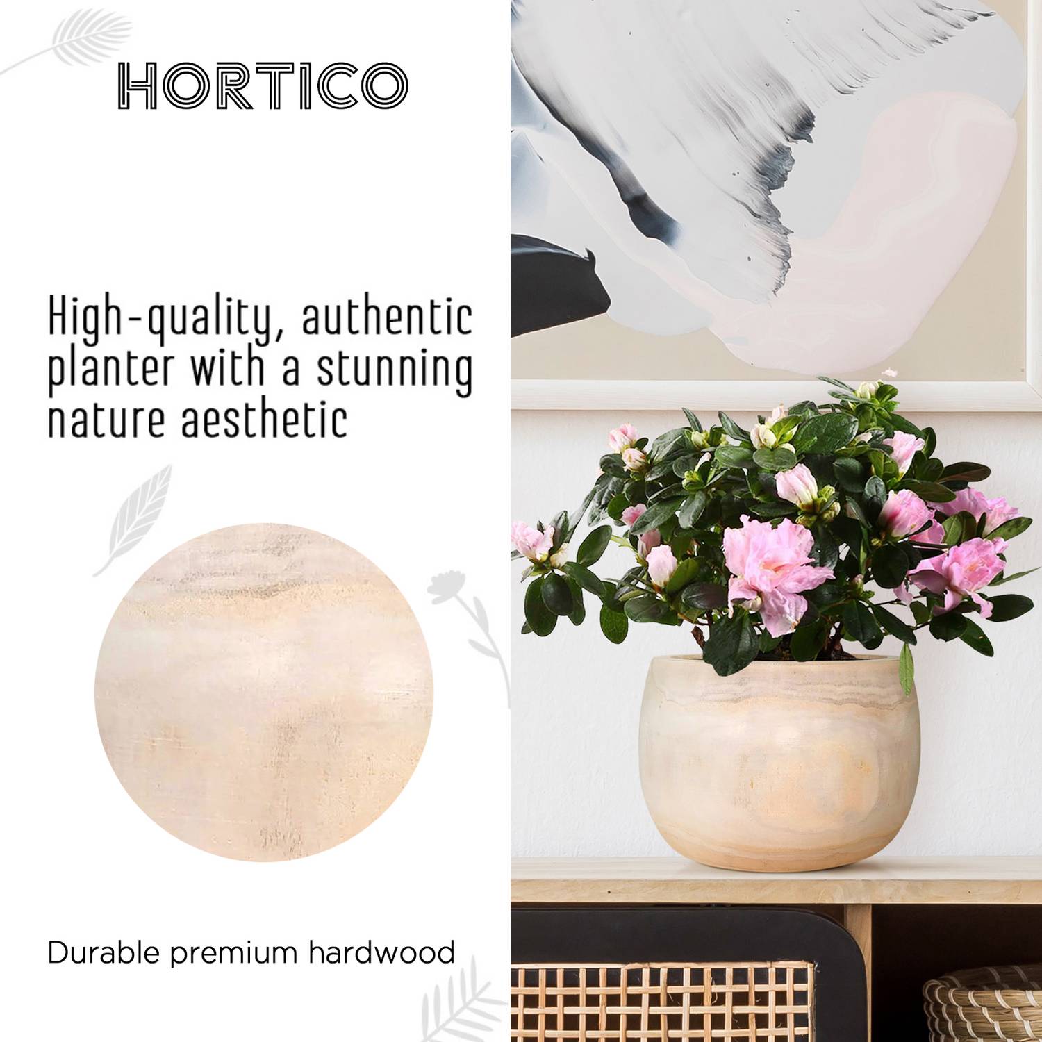 HORTICO ECO Wooden House Planter Round Indoor Plant Pot for House Plants with Waterproof Liner