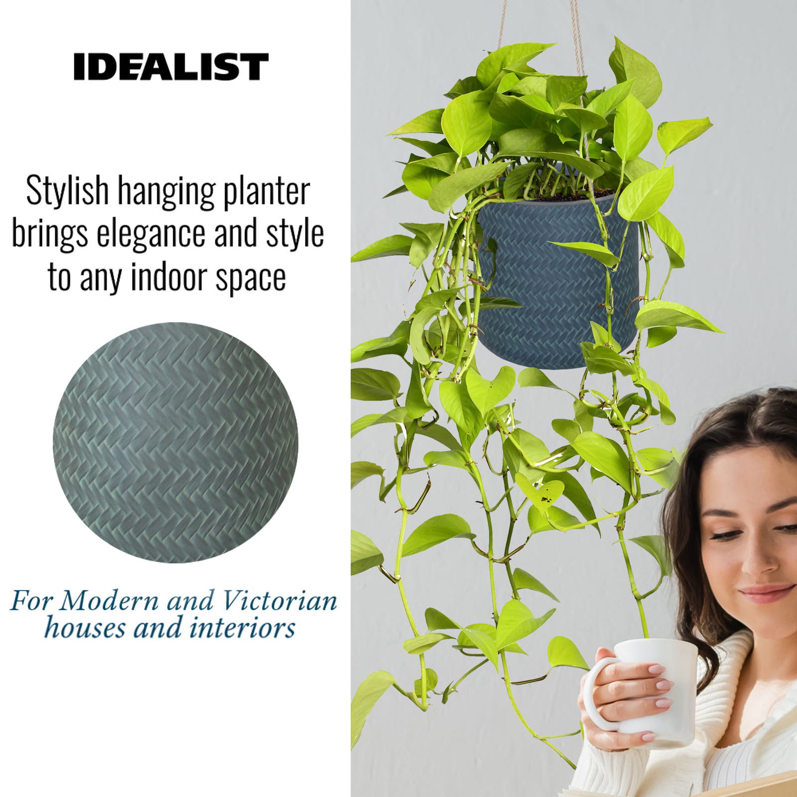 IDEALIST Lite Plaited Style Table and Hanging Cylinder Round Plant Pot Dual Use Indoor Planter