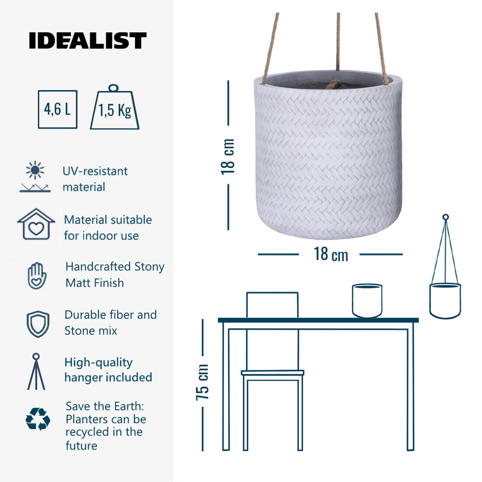IDEALIST Lite Plaited Style Table and Hanging Cylinder Round Plant Pot Dual Use Indoor Planter