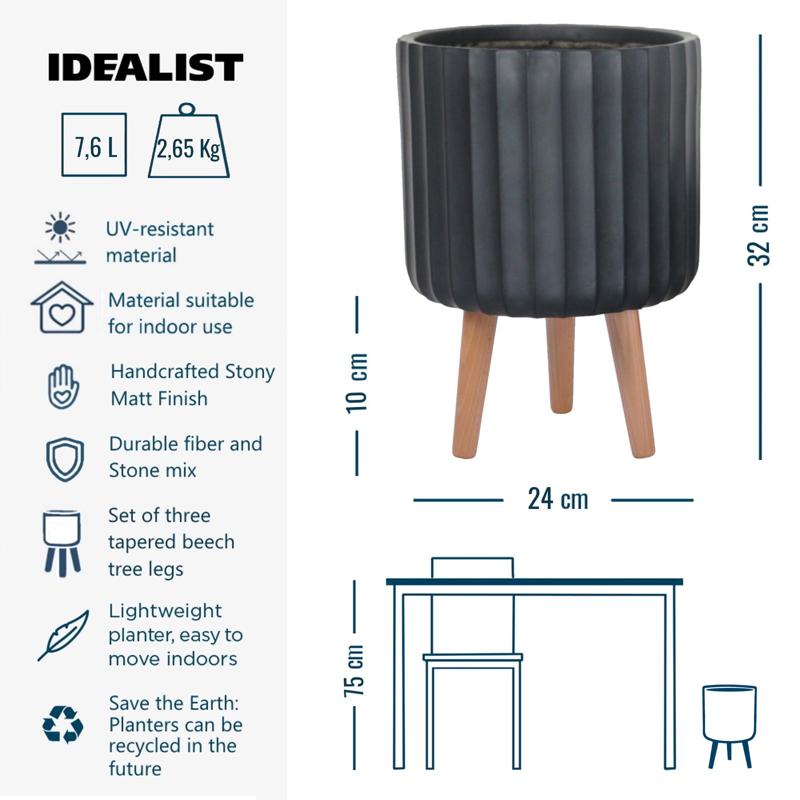 IDEALIST Lite Modern Ribbed Cylinder Planter on Legs, Round Pot Plant Stand Indoor