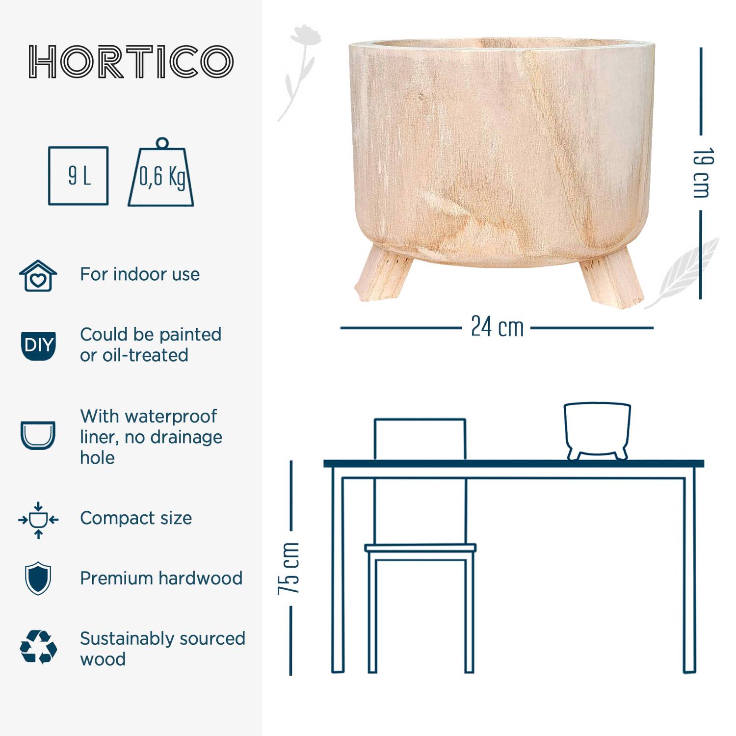 HORTICO GROWER Wooden House Planter with Legs, Indoor Plant Pot Stand with Waterproof Liner