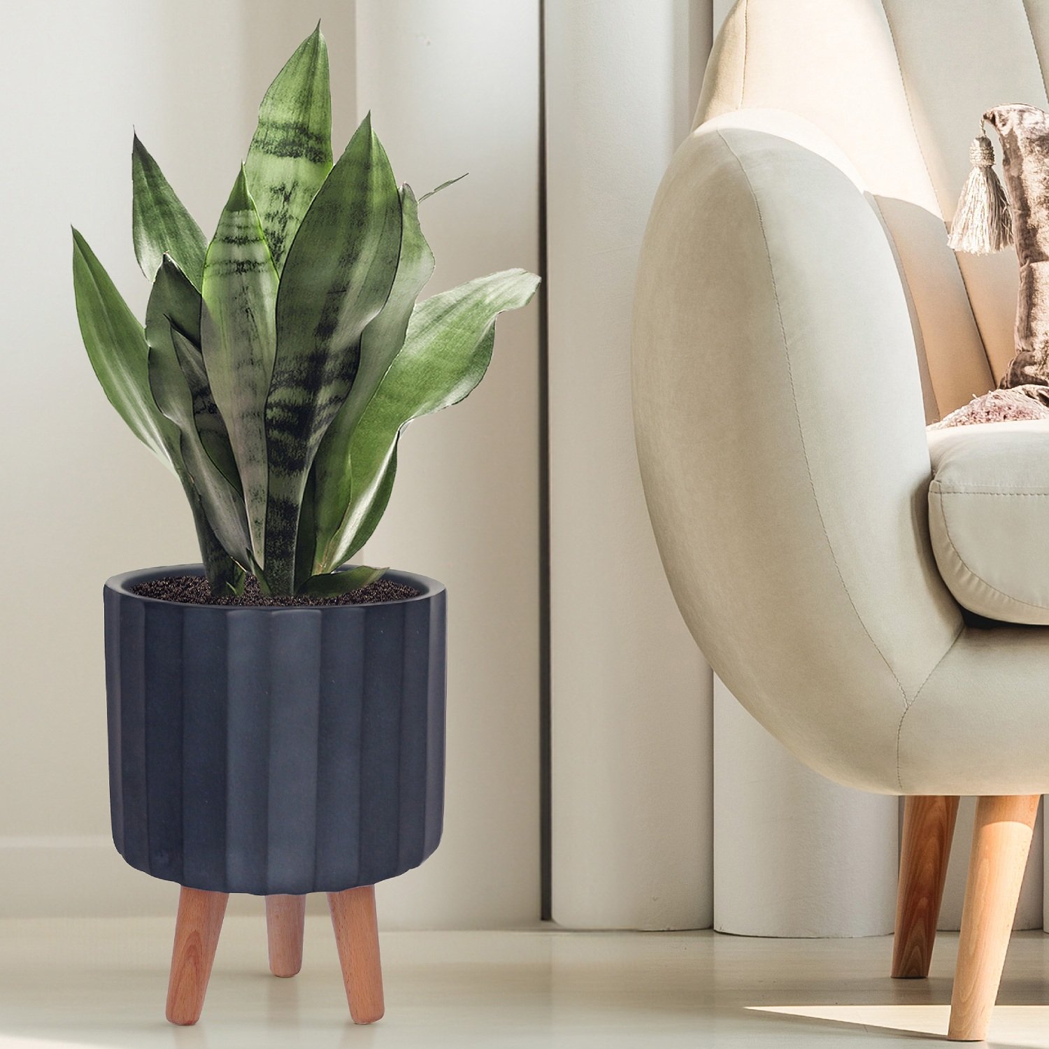 IDEALIST Lite Modern Ribbed Cylinder Planter on Legs, Round Pot Plant Stand Indoor