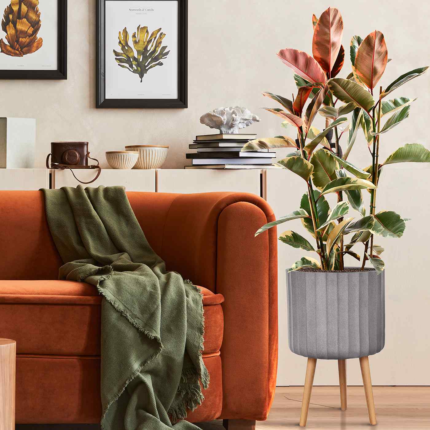 IDEALIST Lite Modern Ribbed Cylinder Planter on Legs, Round Pot Plant Stand Indoor