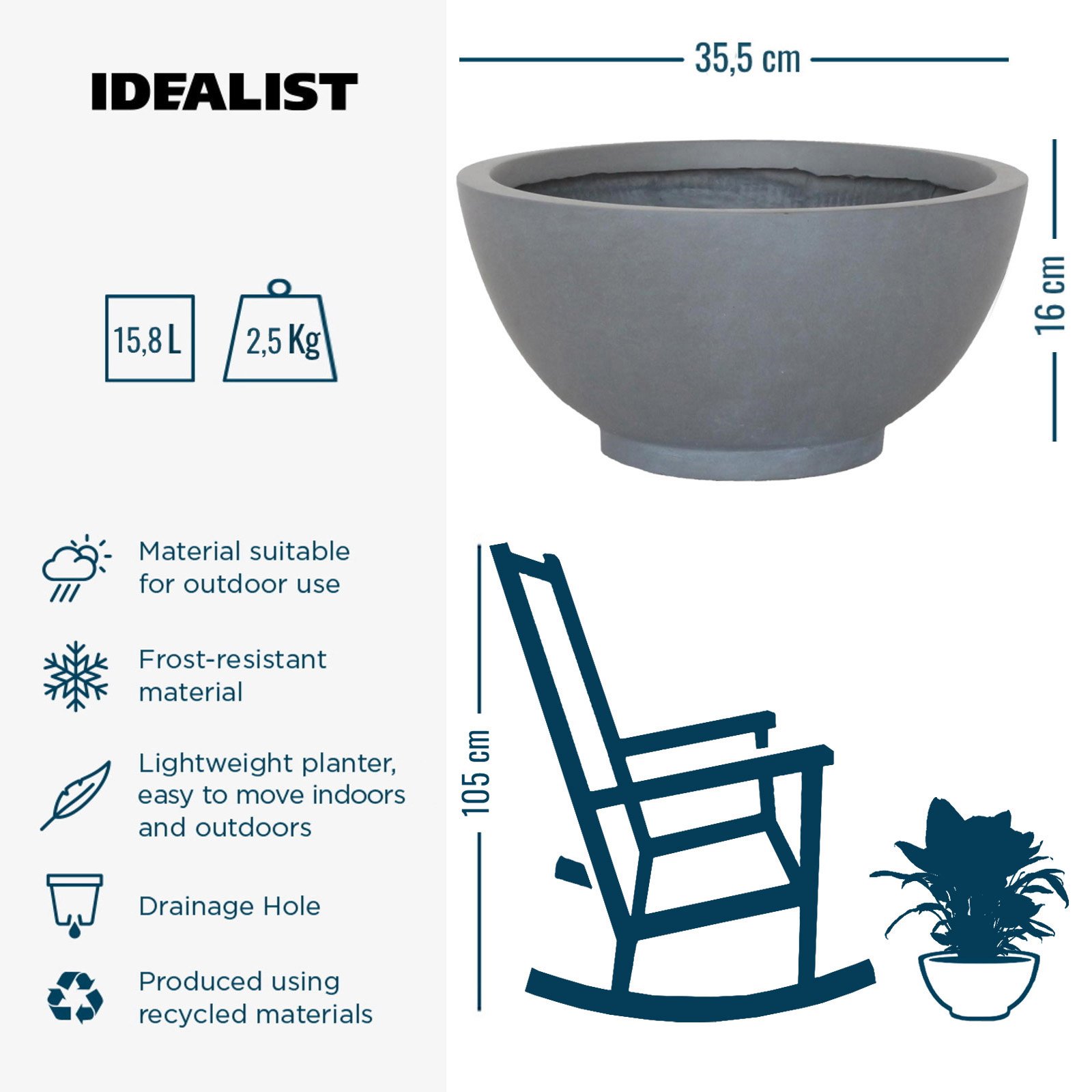 IDEALIST Lite Dish Style Smooth Bowl Outdoor Planter