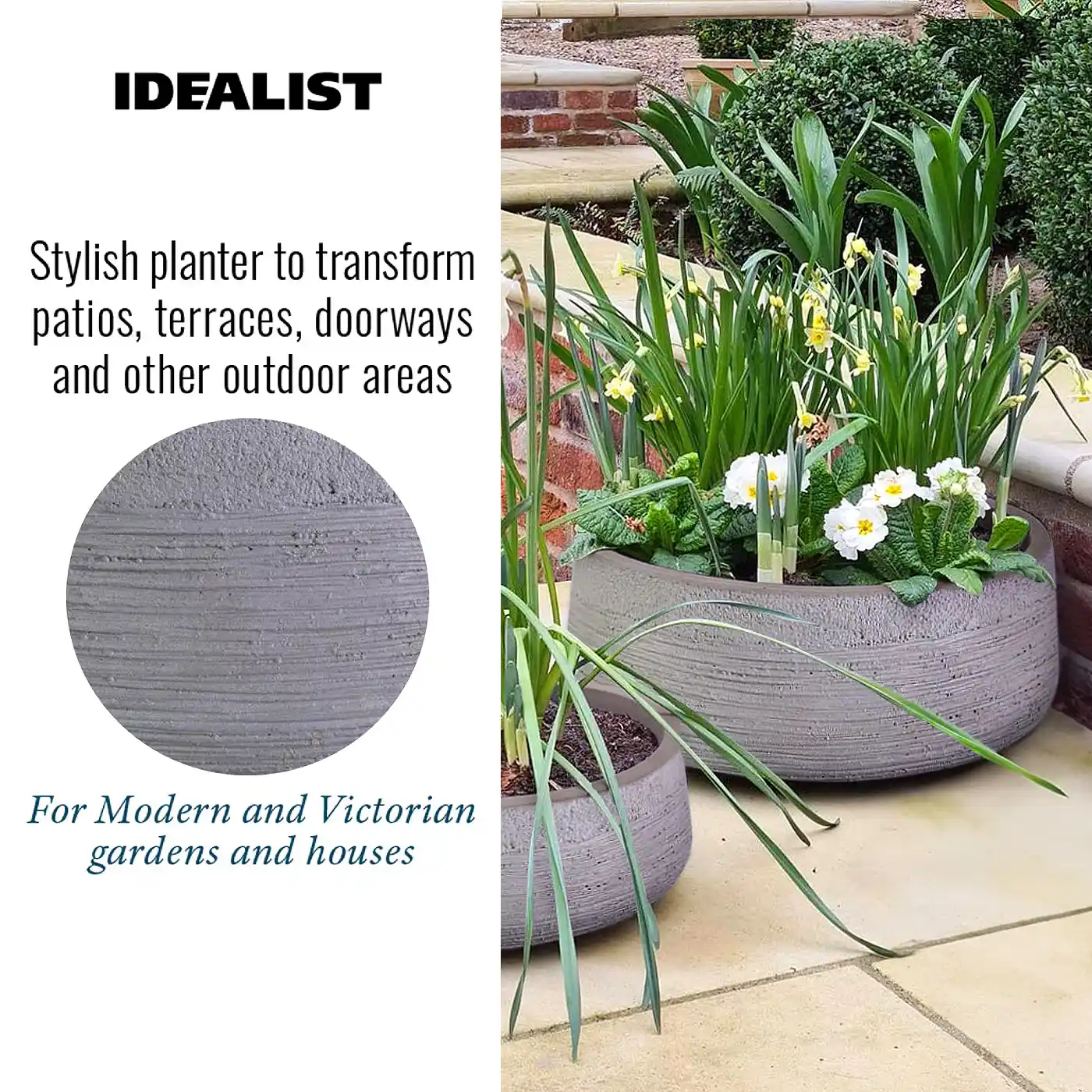 IDEALIST Lite Ribbed Light Concrete Bowl Planter