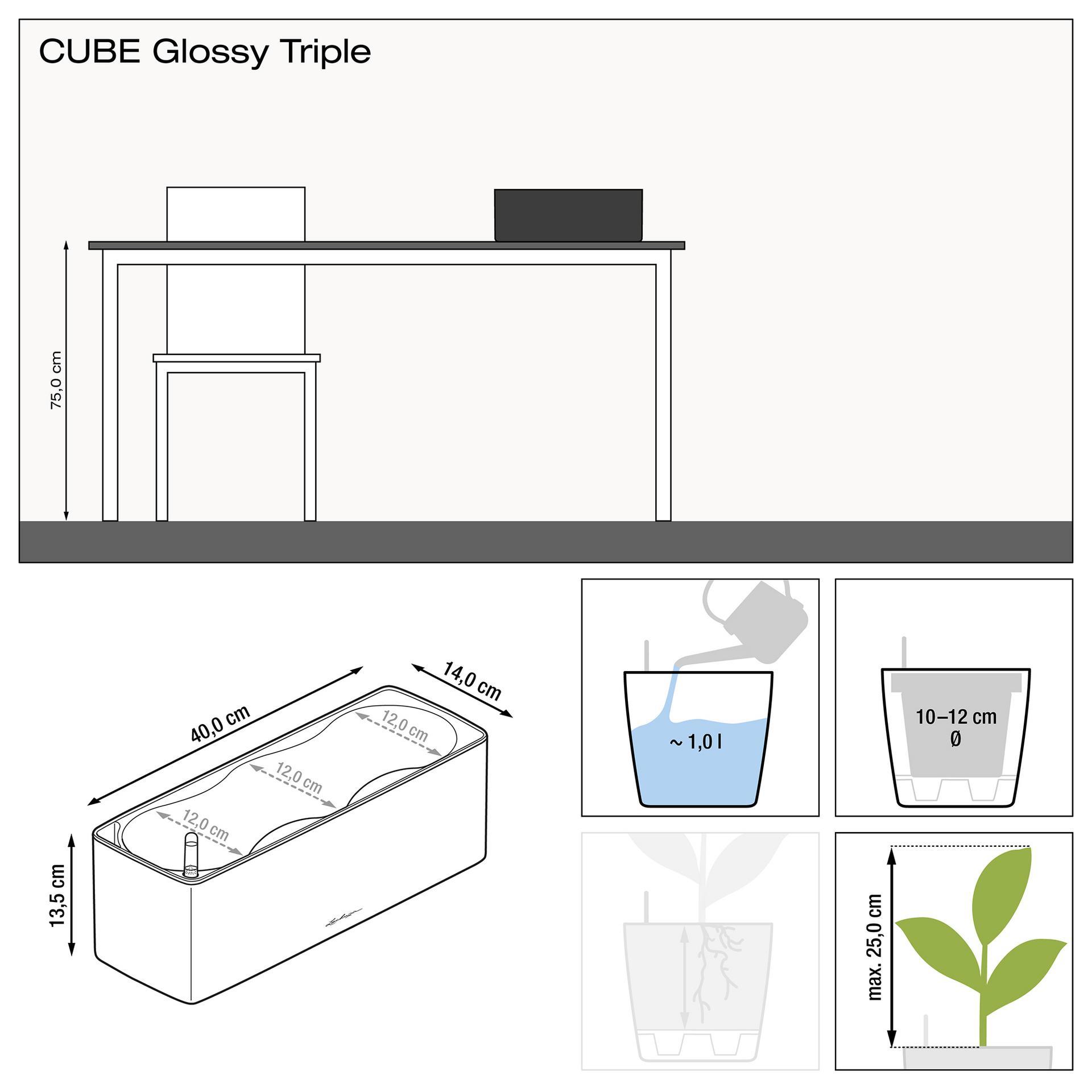 LECHUZA CUBE Glossy Triple Trough Poly Resin Self-watering Planter