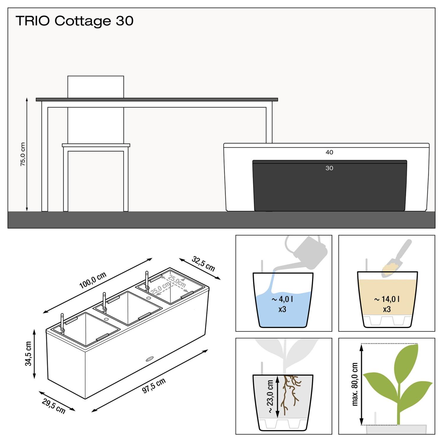 LECHUZA TRIO Cottage Trough Poly Resin Self-watering Planter