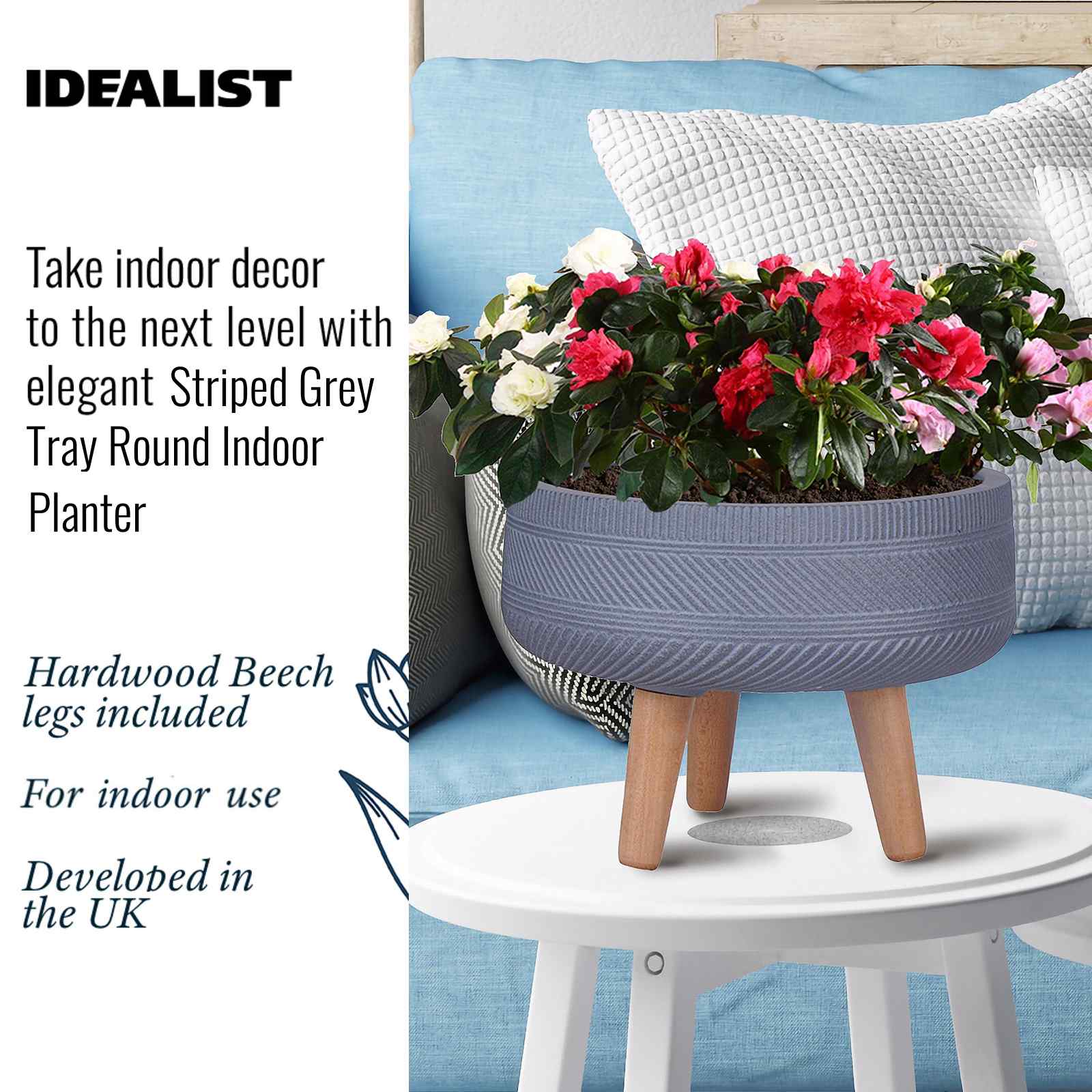 IDEALIST Lite Striped Tray Round Planter on Legs, Round Pot Plant Stand Indoor