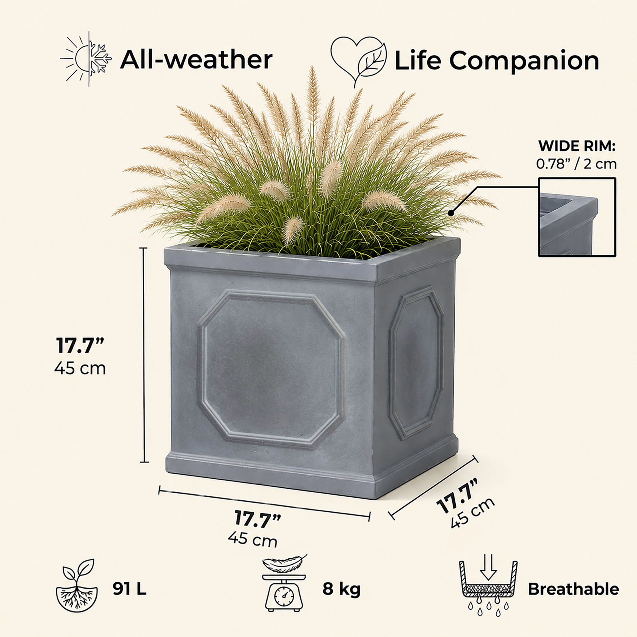 IDEALIST Lite Faux Lead Chelsea Box Square Light Concrete Planter