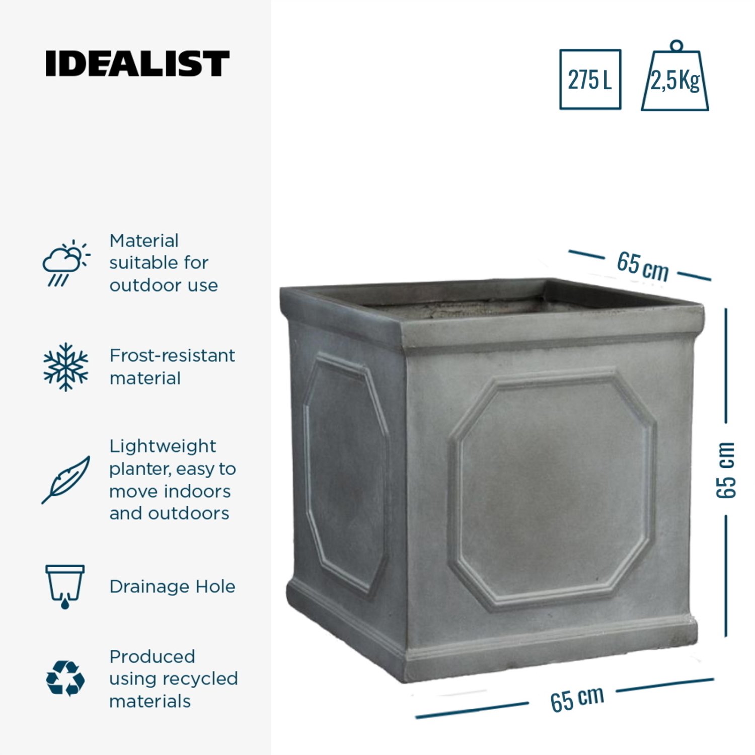 IDEALIST Lite Faux Lead Chelsea Box Square Light Concrete Planter