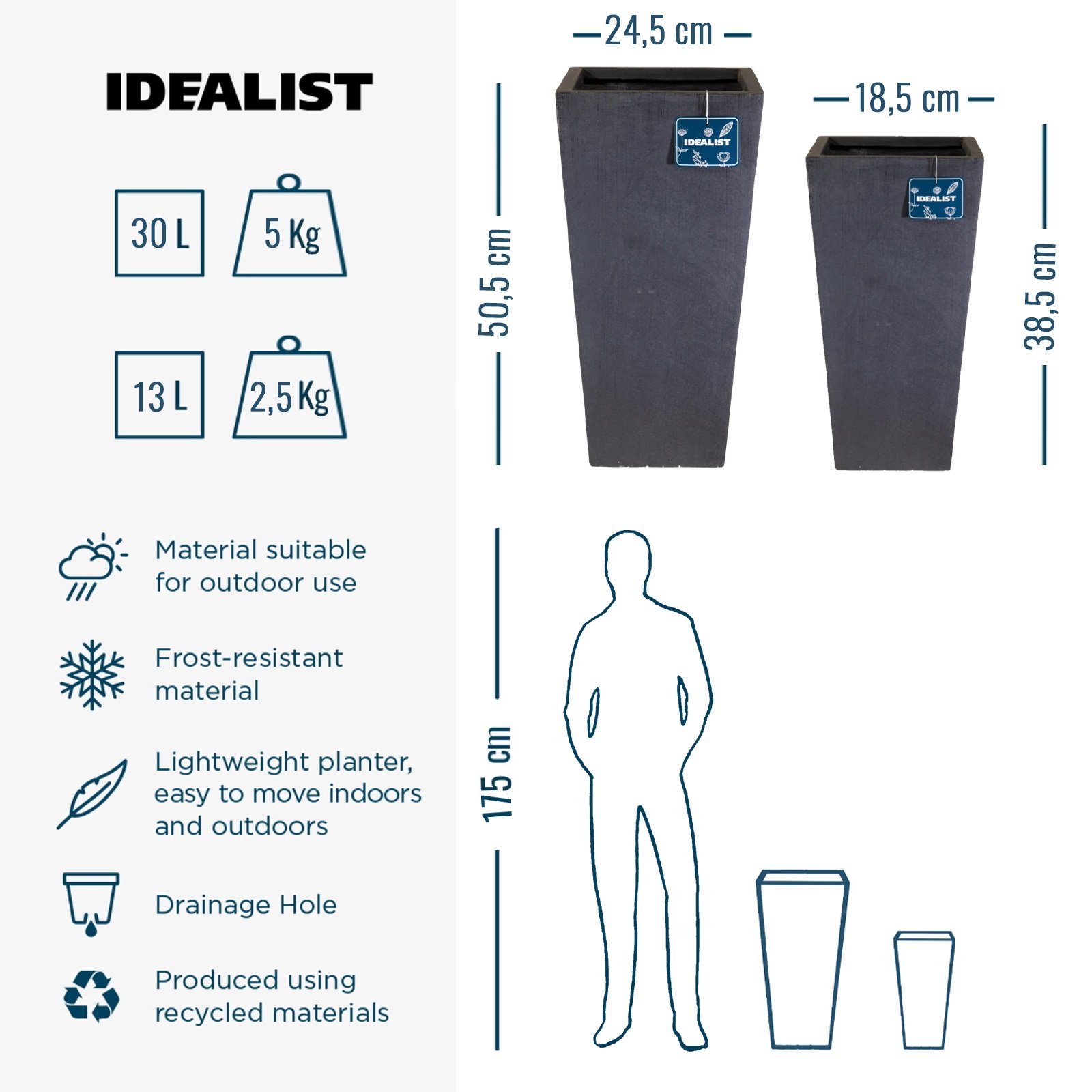 IDEALIST Lite Tall Tapered Contemporary Light Concrete Planter Set