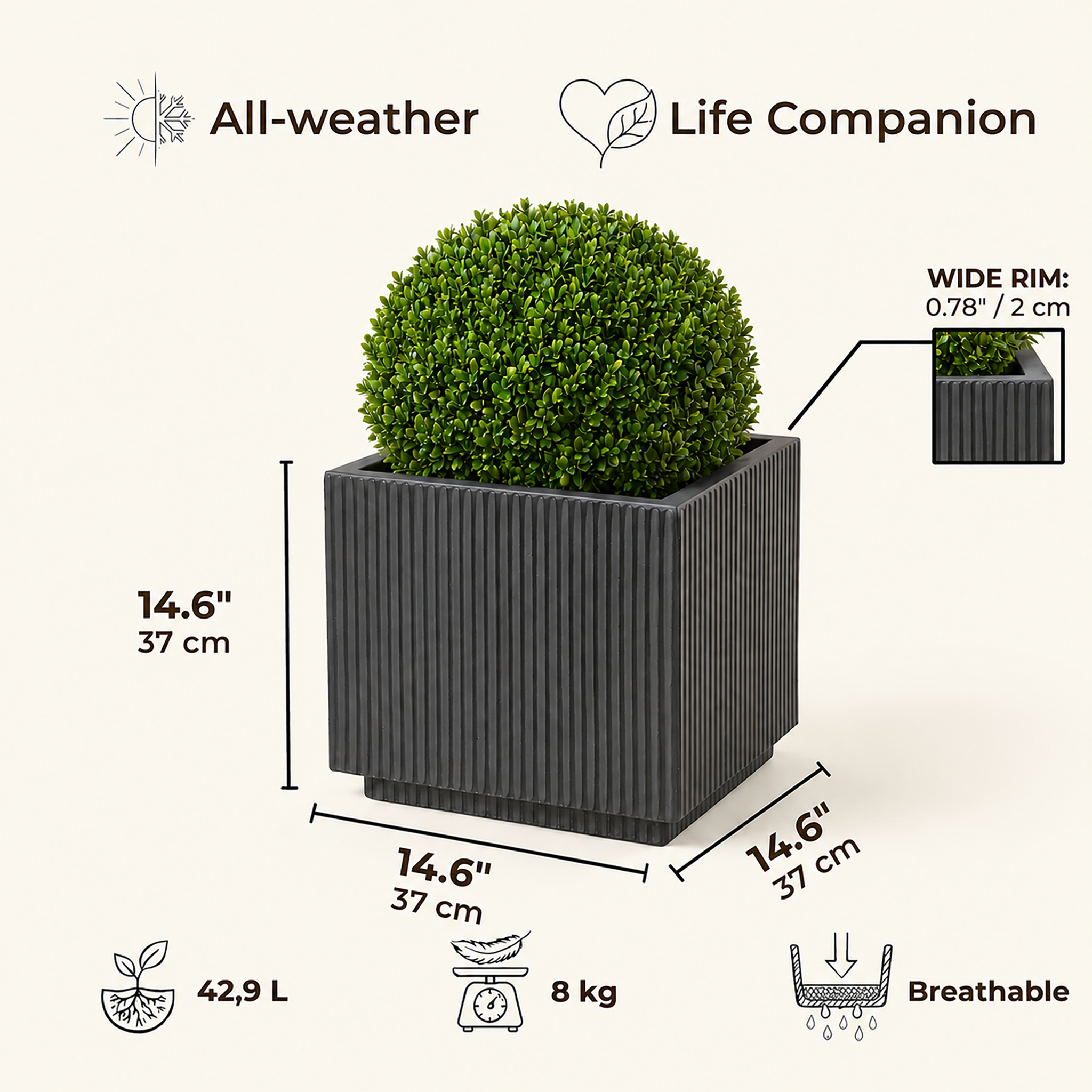 IDEALIST Lite Vertical Ribbed Square Effect Outdoor Planter