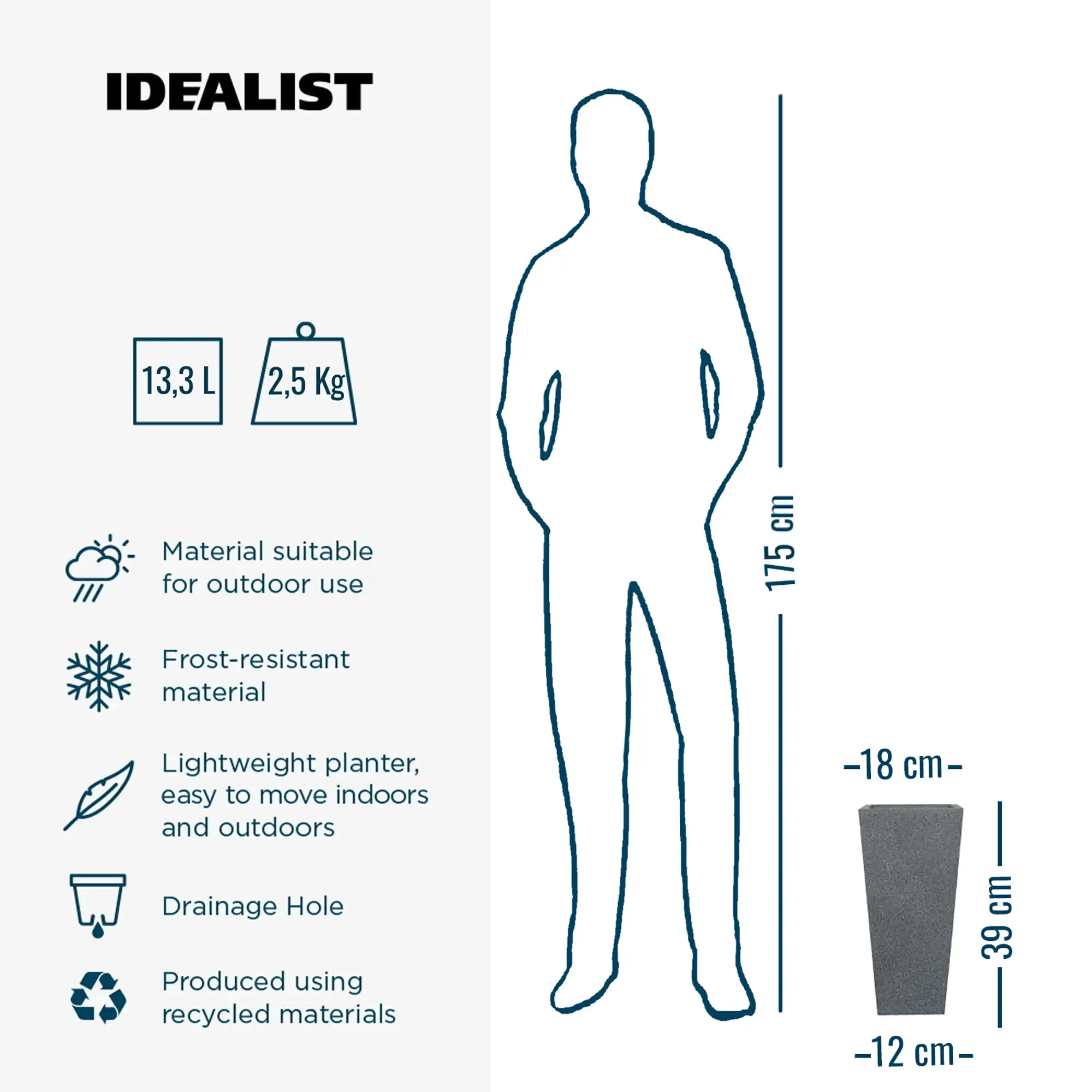 IDEALIST Lite Textured Concrete Effect Tall Tapered Outdoor Planter