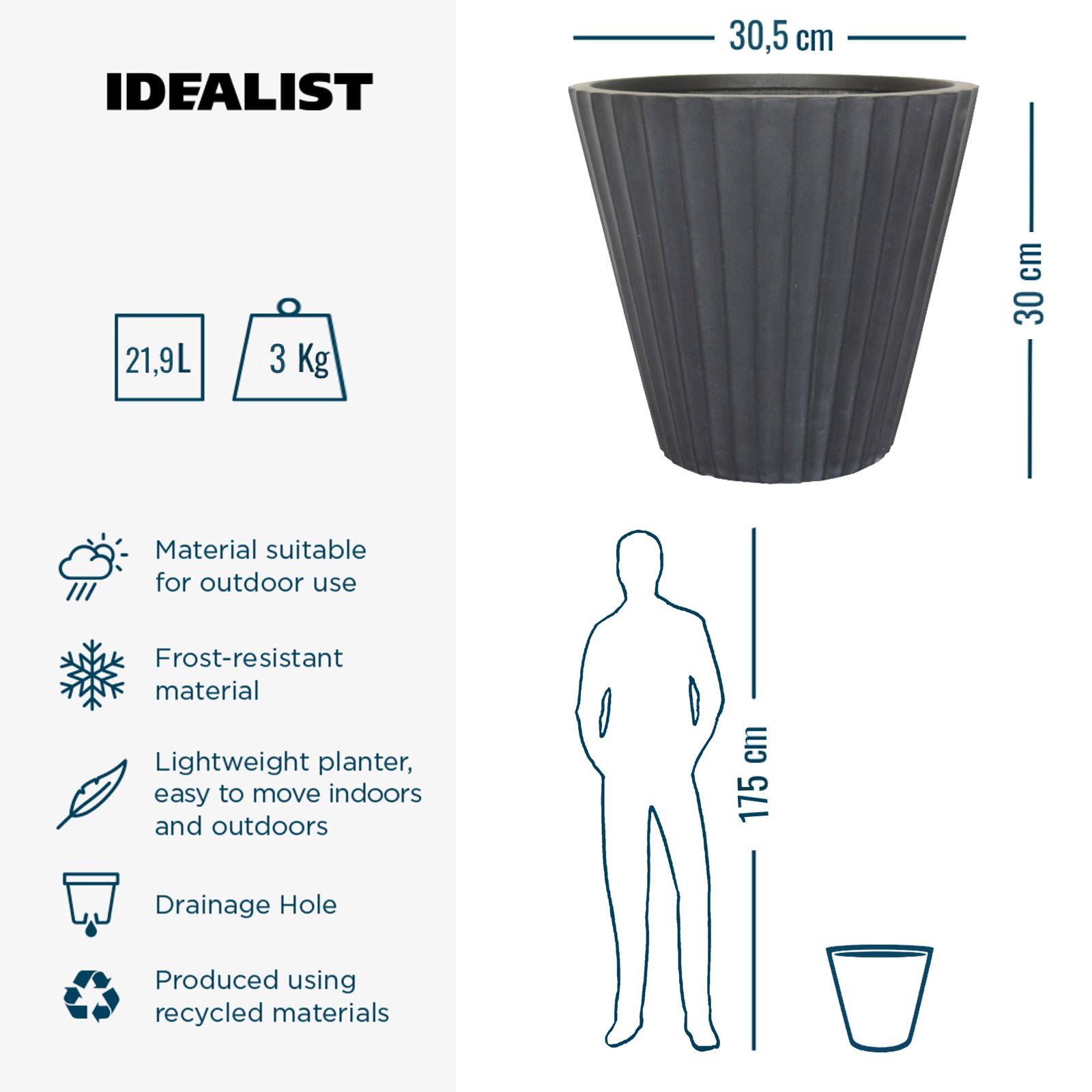 IDEALIST Lite Vintage Ribbed Round Vase Outdoor Planter