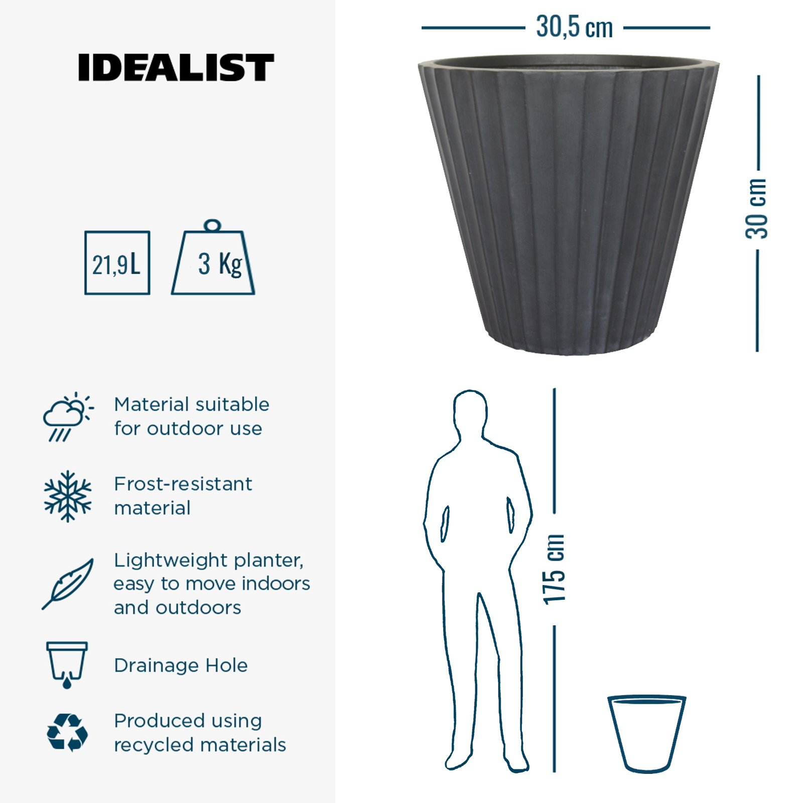 IDEALIST Lite Vintage Ribbed Round Vase Outdoor Planter