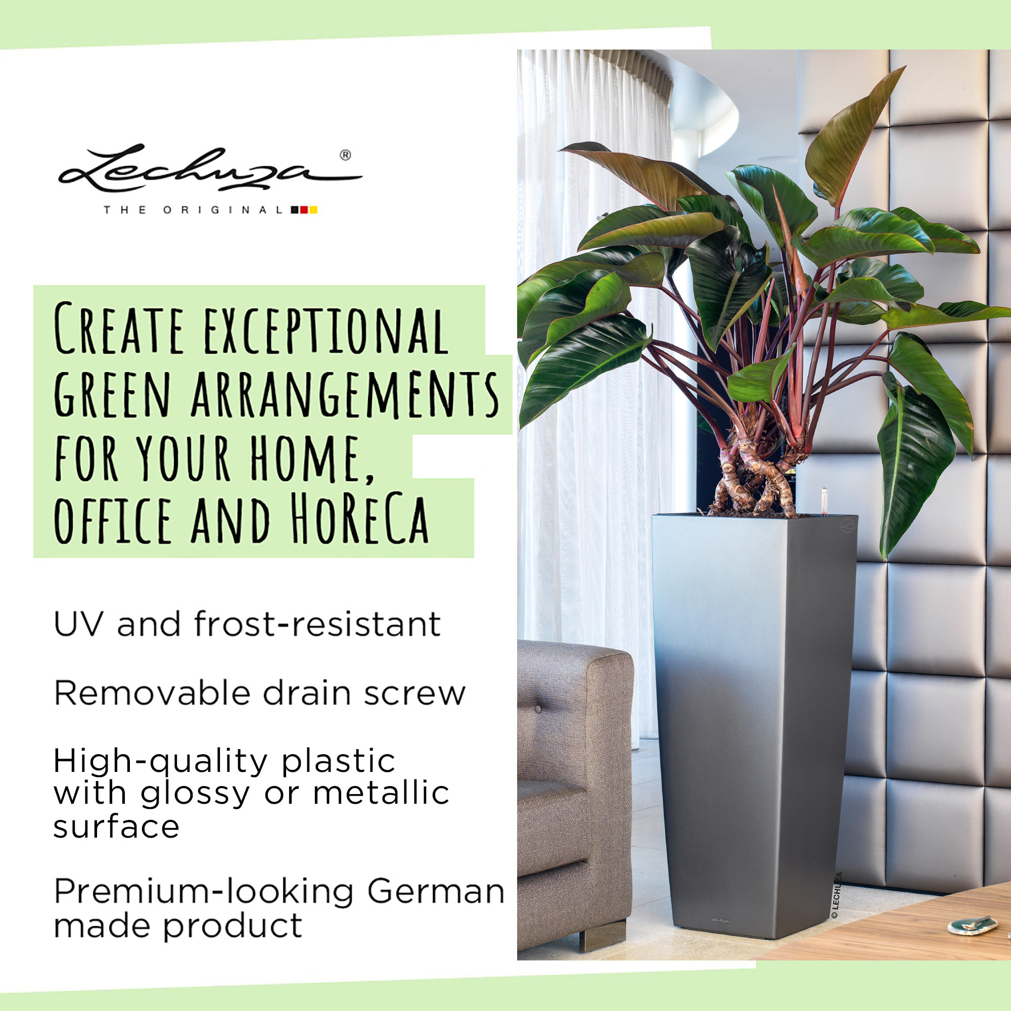 LECHUZA CUBICO ALTO Square Tall Poly Resin Self-watering Planter