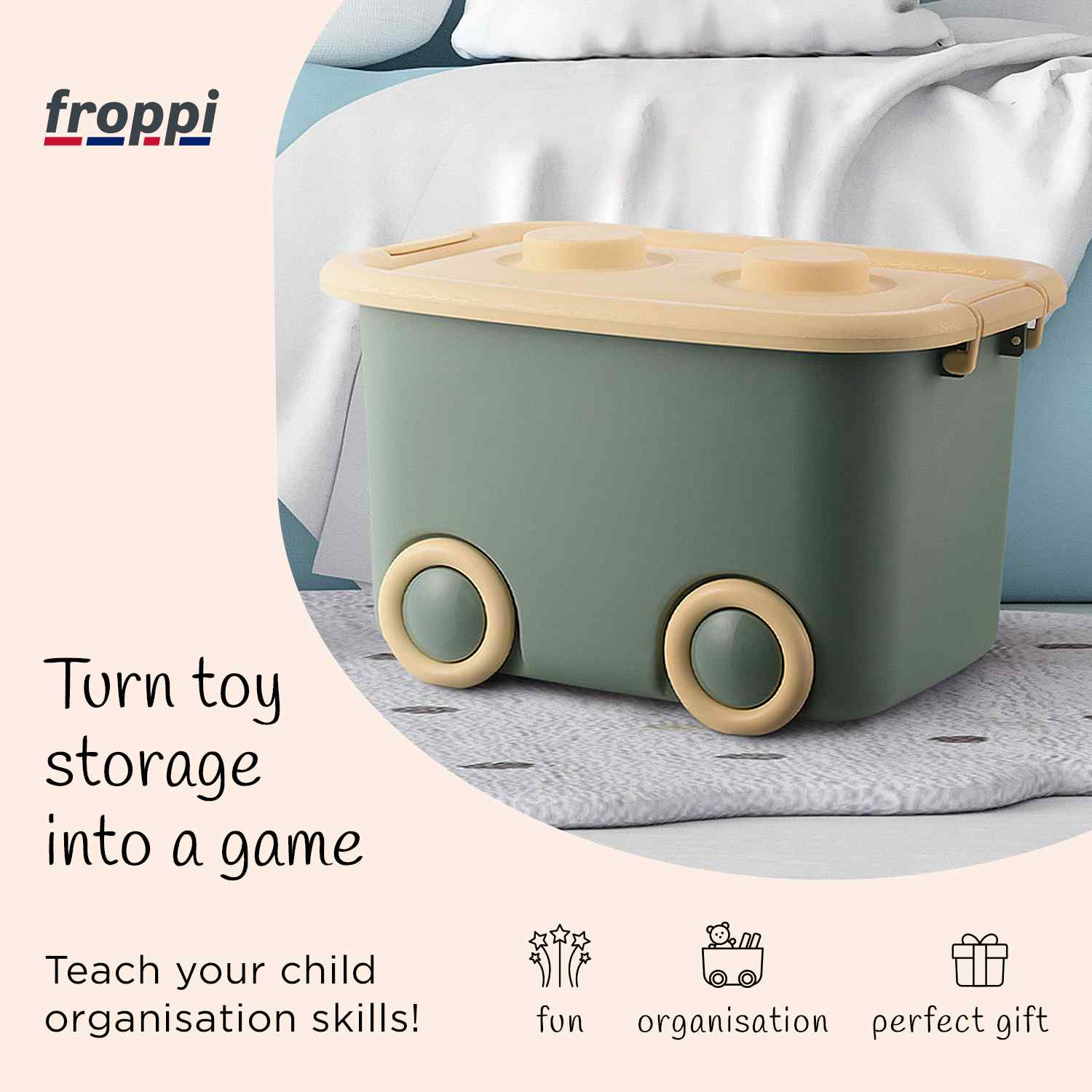 Stackable Plastic Kids Toy Storage Box with Lid and Wheels by Froppi