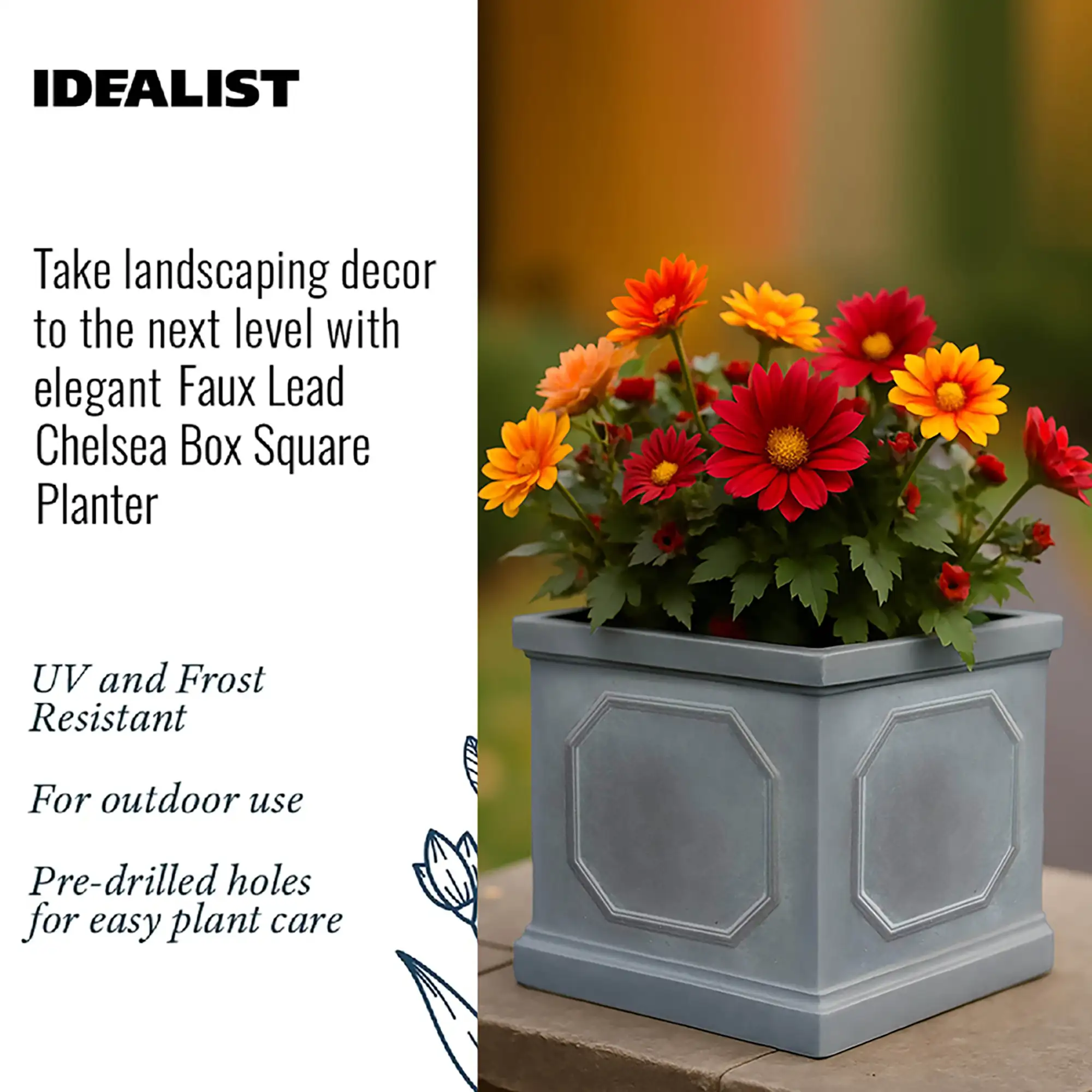 IDEALIST Lite Faux Lead Chelsea Box Square Light Concrete Planter