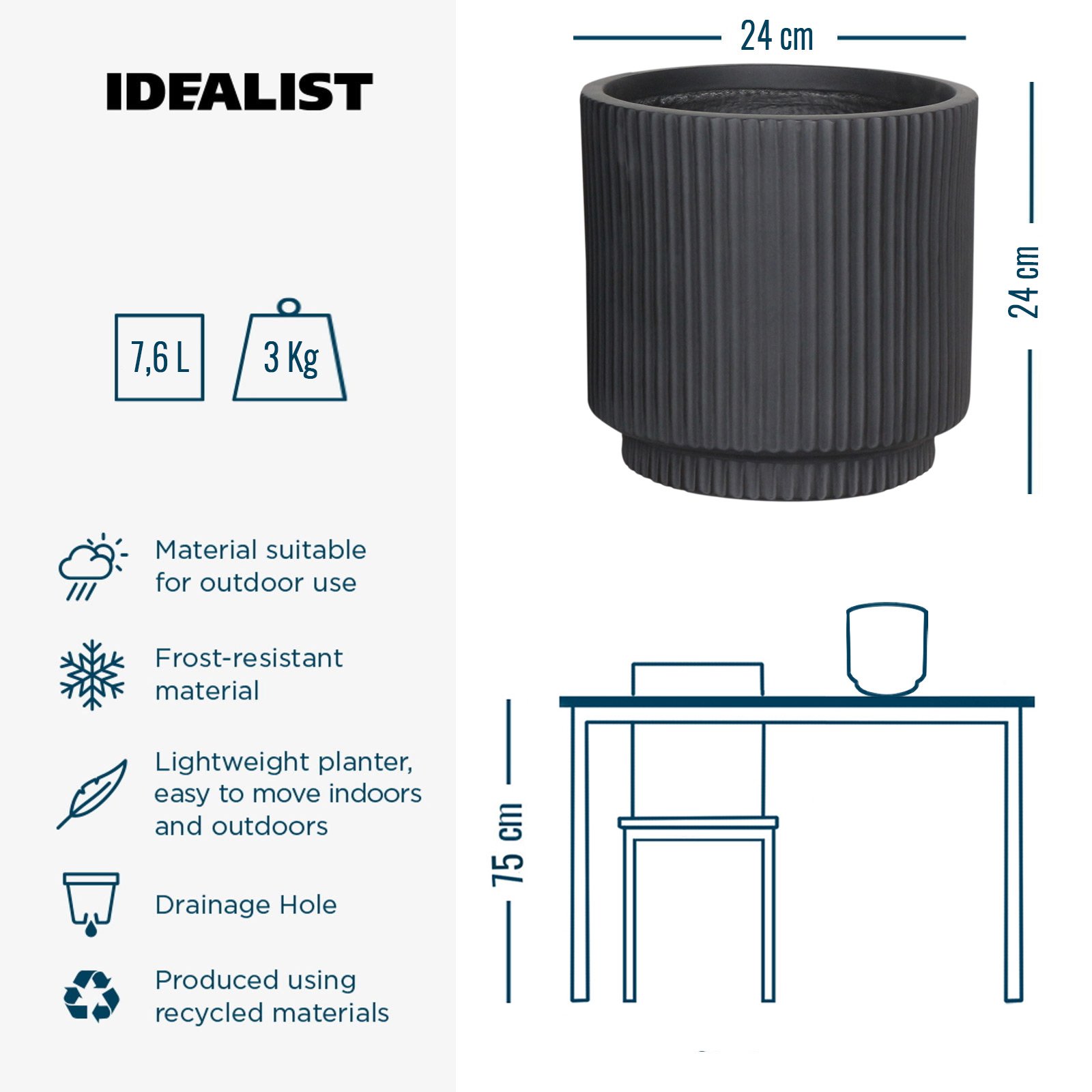 IDEALIST Lite Vertical Ribbed Cylinder Outdoor Planter