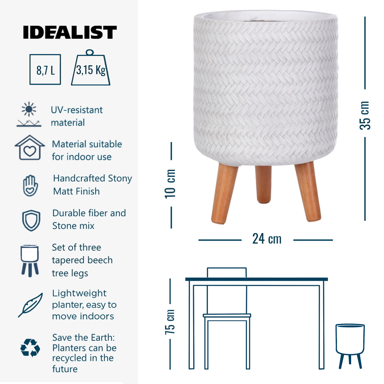 IDEALIST Lite Plaited Style Cylinder Planter on Legs, Round Pot Plant Stand Indoor