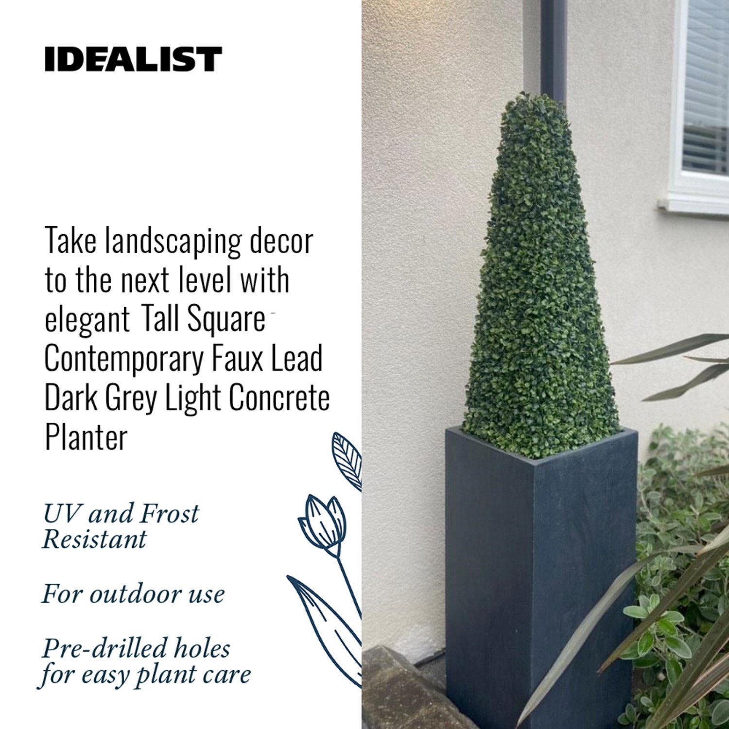 IDEALIST Lite Tall Square Contemporary Light Concrete Planter Set