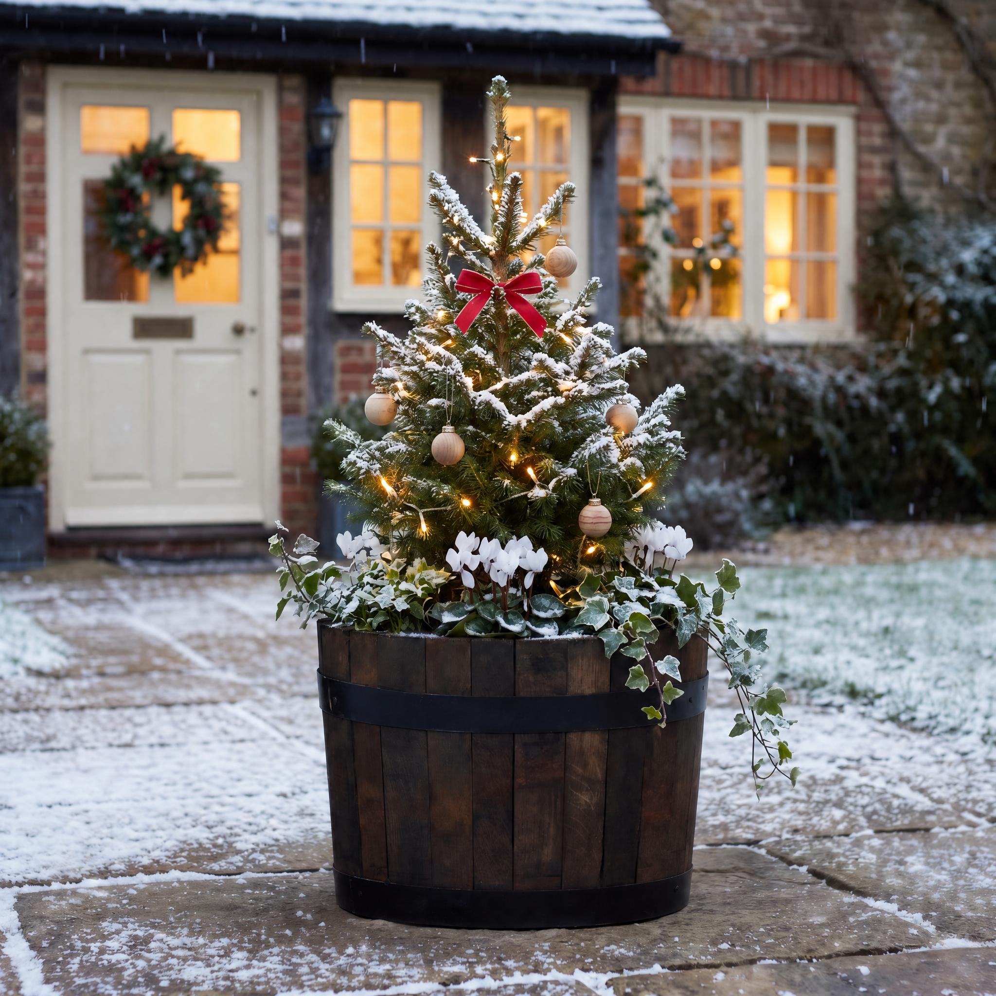 Rustic Upcycled Oak Wood Round Tub Half Barrel Outdoor Planter Made in UK by HORTICO