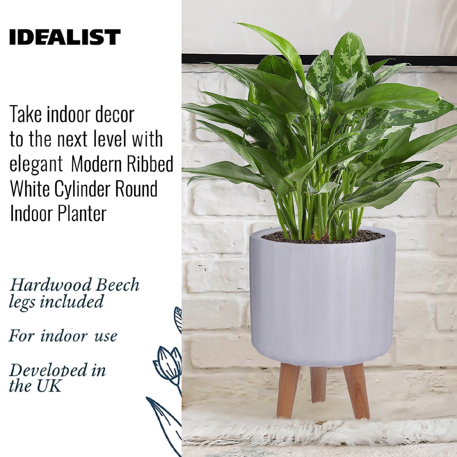 IDEALIST Lite Modern Ribbed Cylinder Planter on Legs, Round Pot Plant Stand Indoor