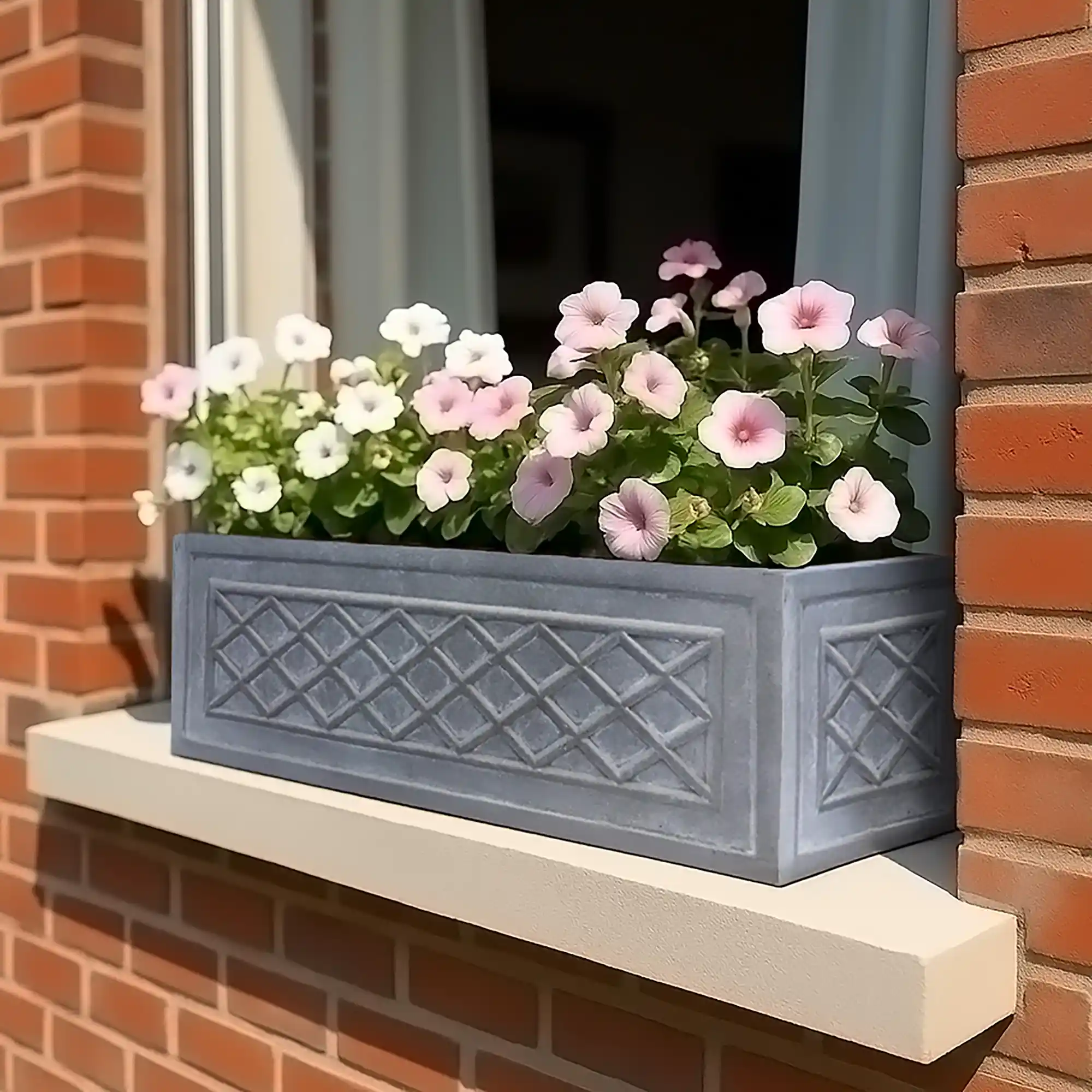 IDEALIST Lite Window Box Faux Lead Lattice Grey Light Stone Planter