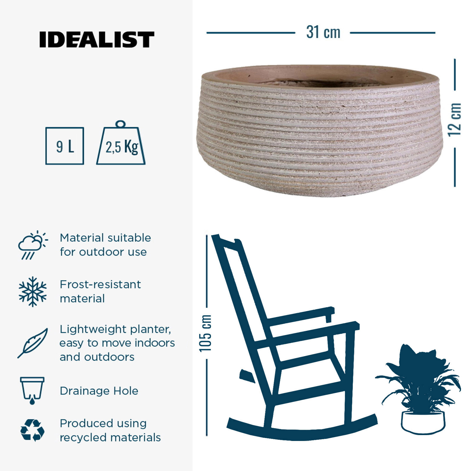 IDEALIST Lite Large Ribbed Light Concrete Bowl Planter