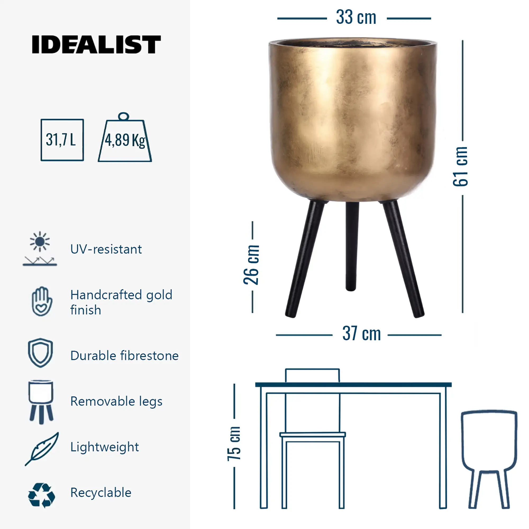 IDEALIST Lite Round Planter on Legs, Round Pot Plant Stand Indoor