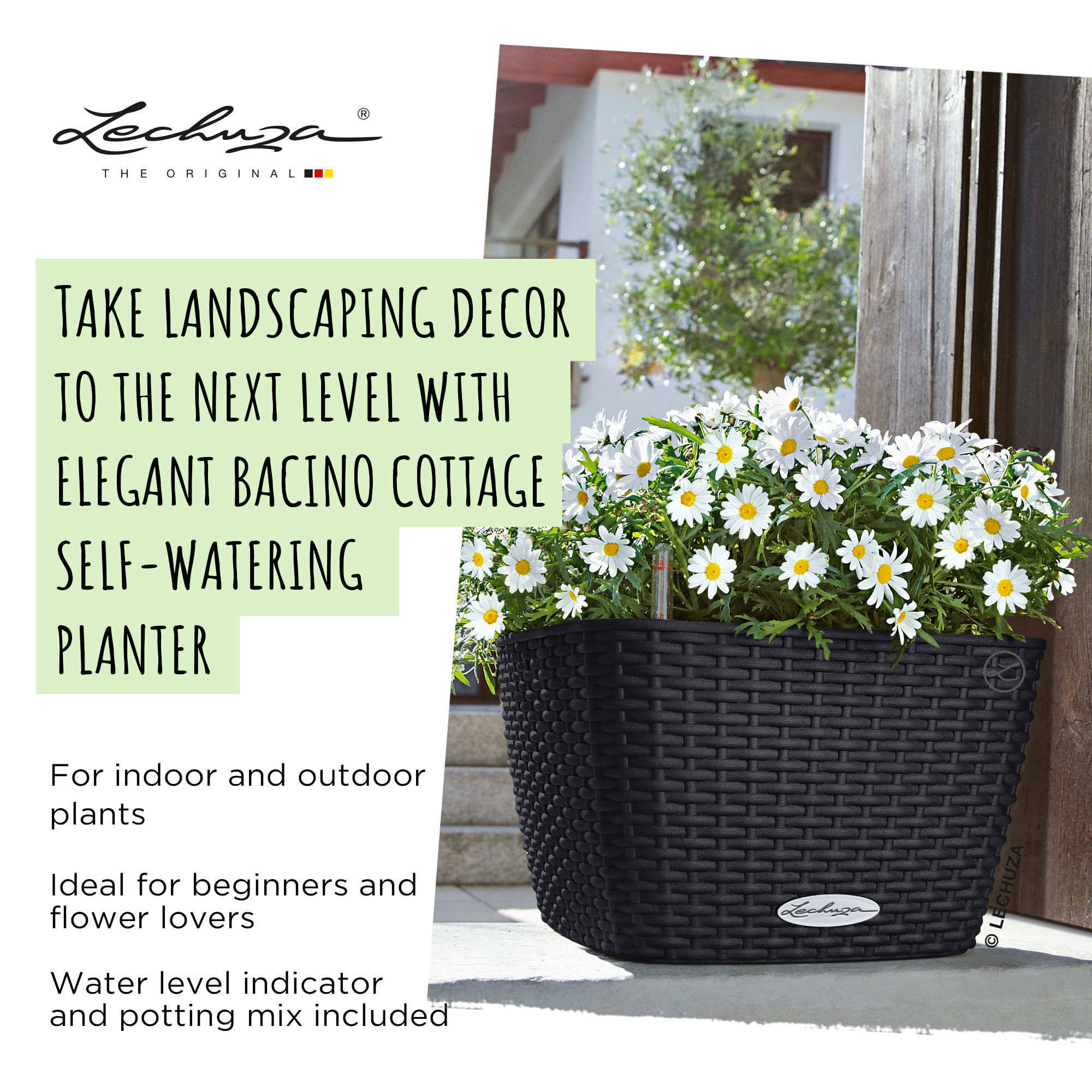 LECHUZA BACINO Cottage Square Poly Resin Self-watering Planter