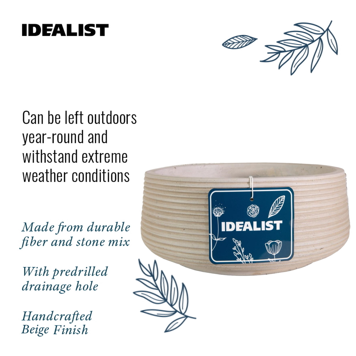 IDEALIST Lite Large Ribbed Light Concrete Bowl Planter