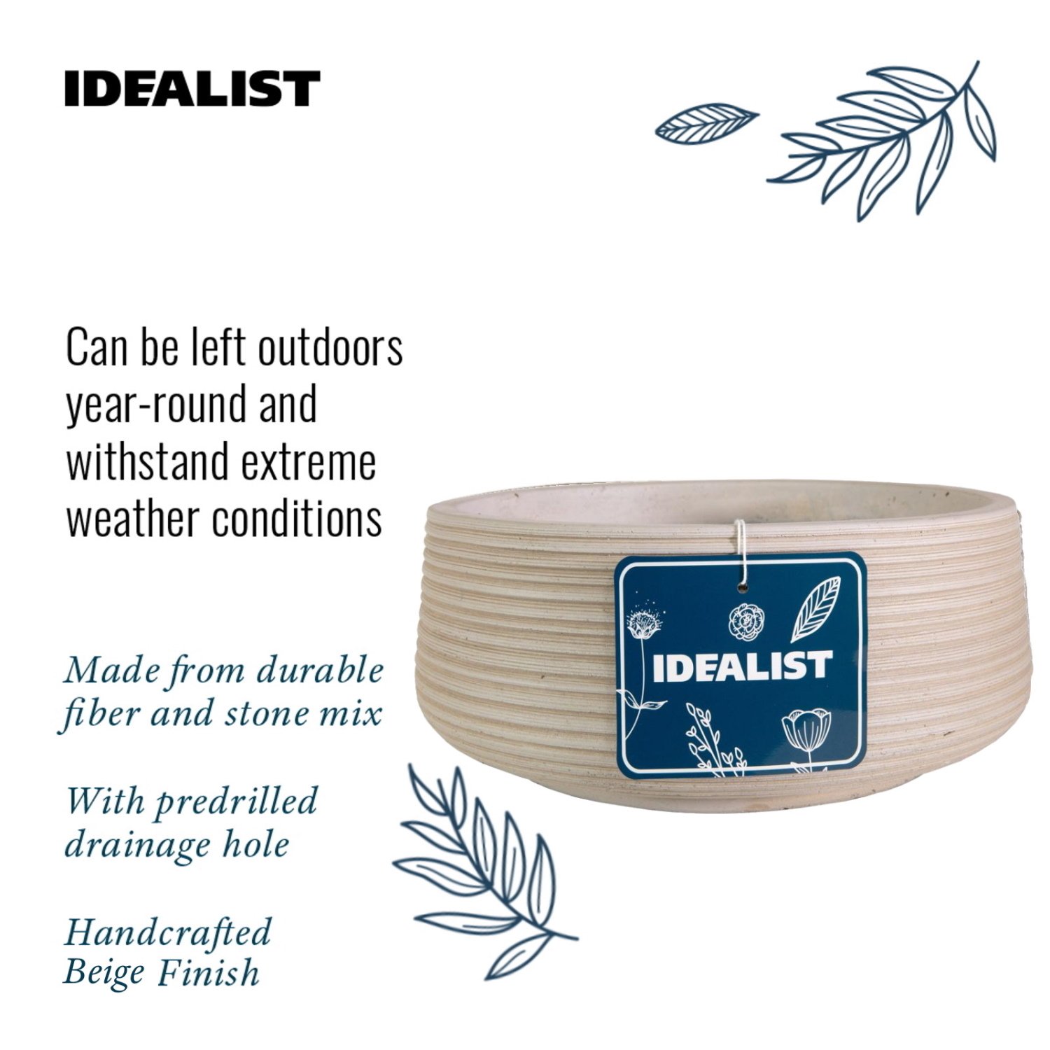 IDEALIST Lite Large Ribbed Light Concrete Bowl Planter