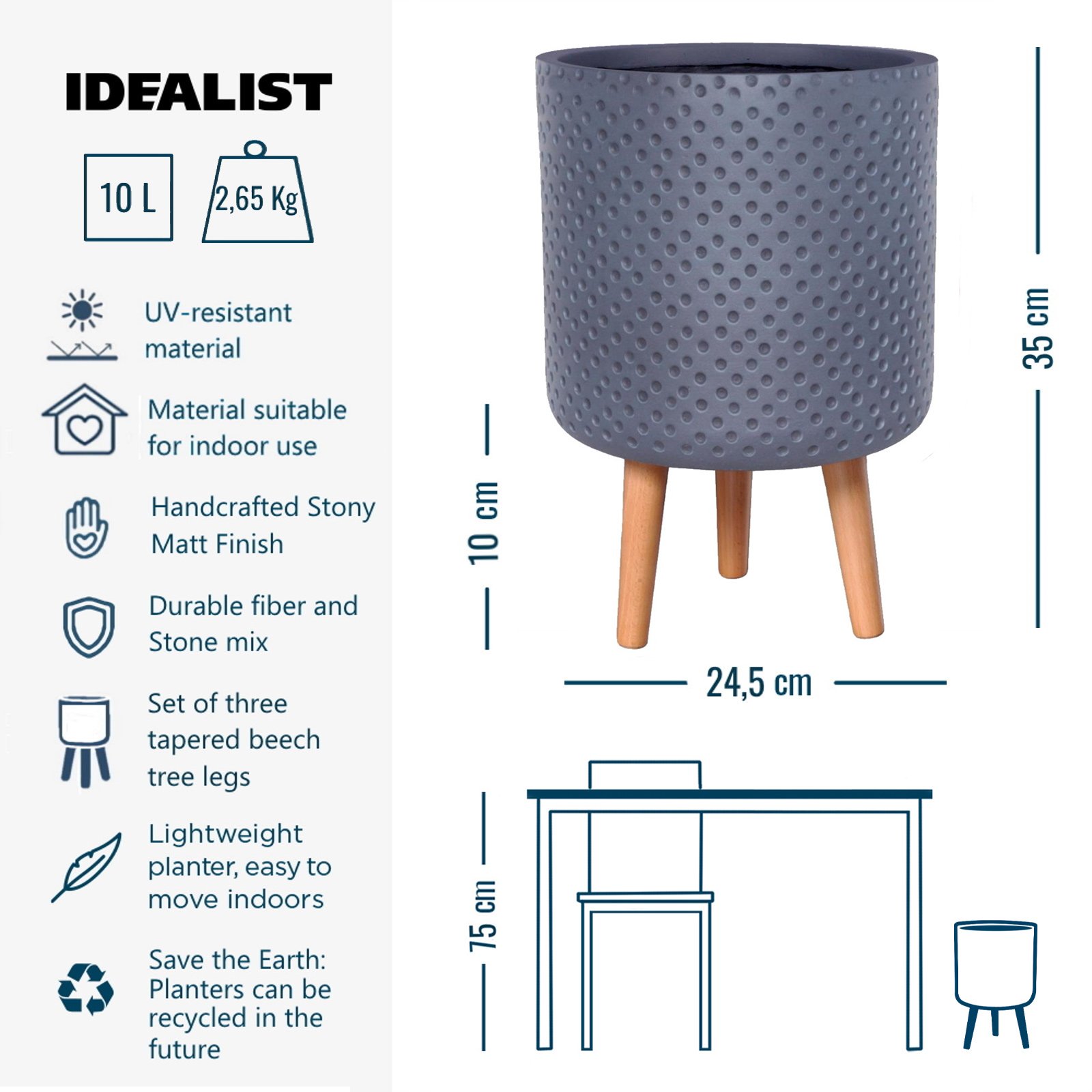 IDEALIST Lite Dotted Style Planter on Legs, Round Plant Pot Indoor