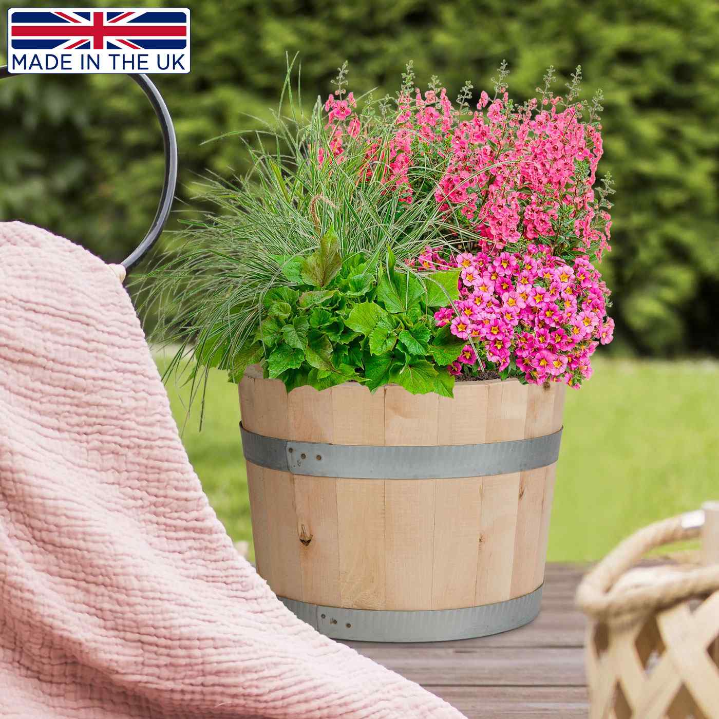 Rustic European Birch Hardwood Round Tub Half Barrel Outdoor Planter Made in UK by HORTICO