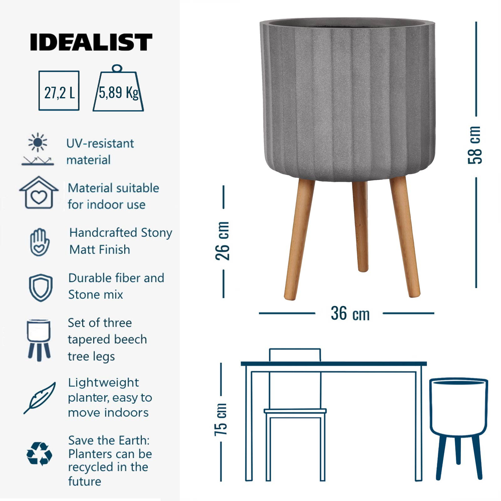 IDEALIST Lite Modern Ribbed Cylinder Planter on Legs, Round Pot Plant Stand Indoor
