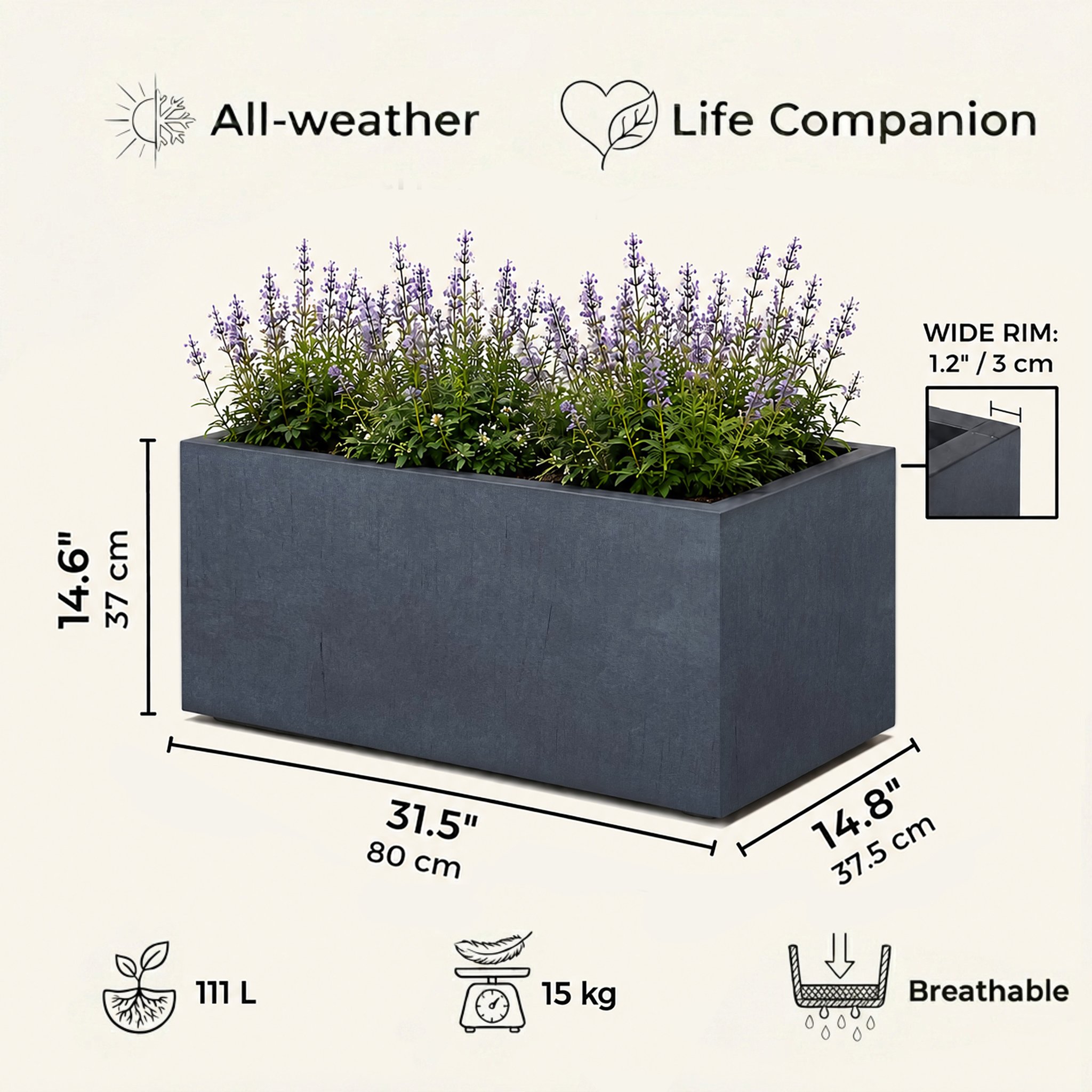IDEALIST Lite Contemporary Light Concrete Trough Planter