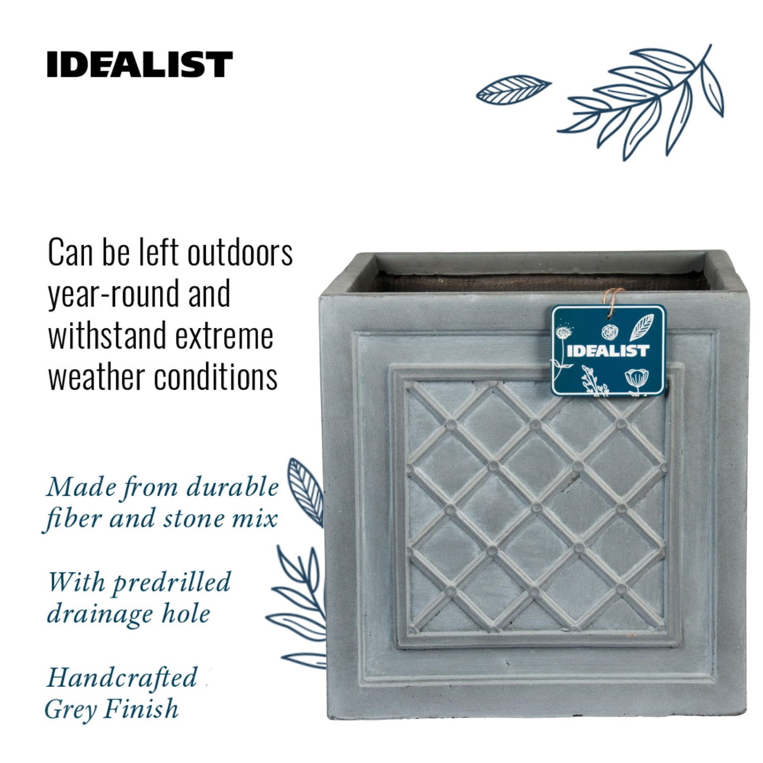 IDEALIST Lite Faux Lead Lattice Planter Light Concrete Square Box