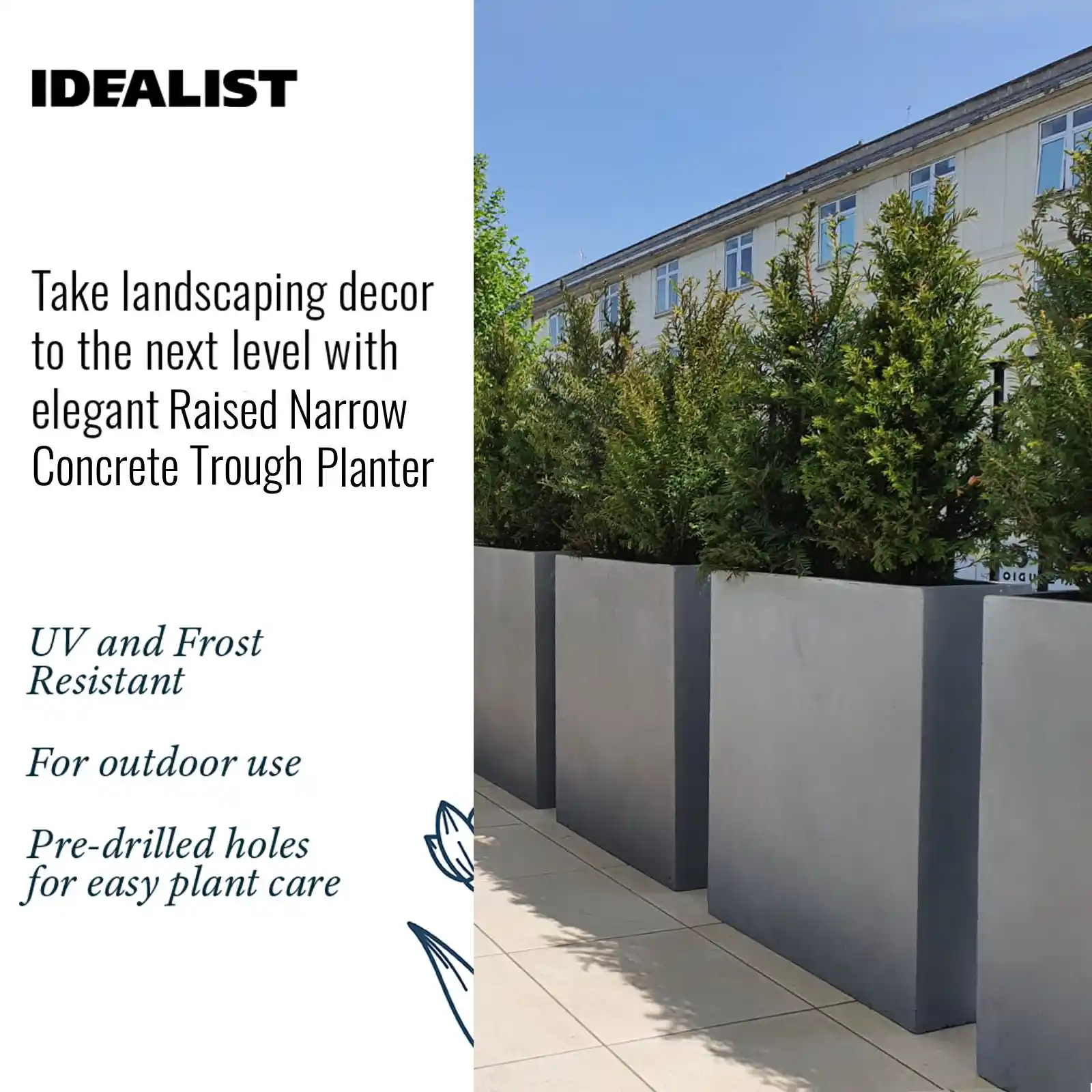 IDEALIST Lite Narrow Contemporary Light Concrete Trough Planter