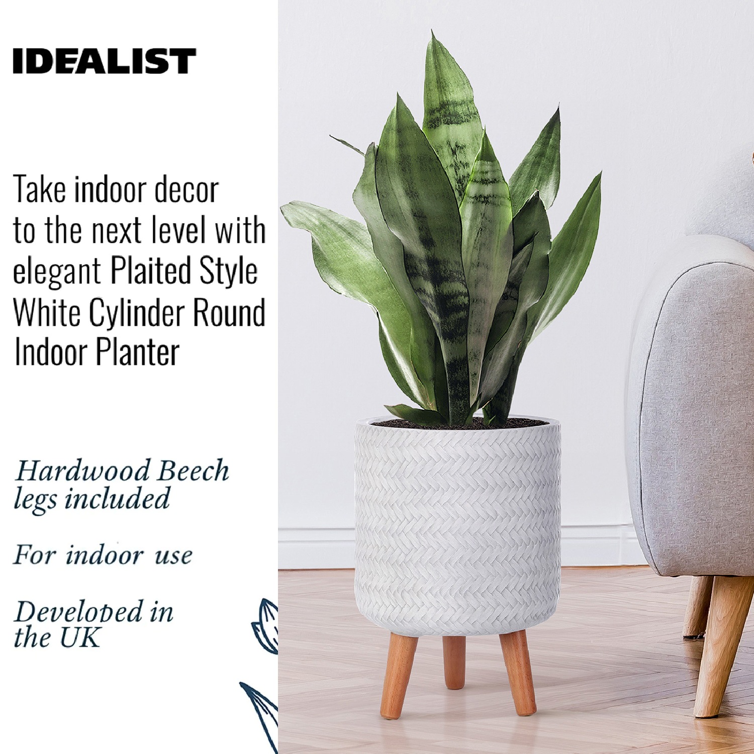 IDEALIST Lite Plaited Style Cylinder Planter on Legs, Round Pot Plant Stand Indoor