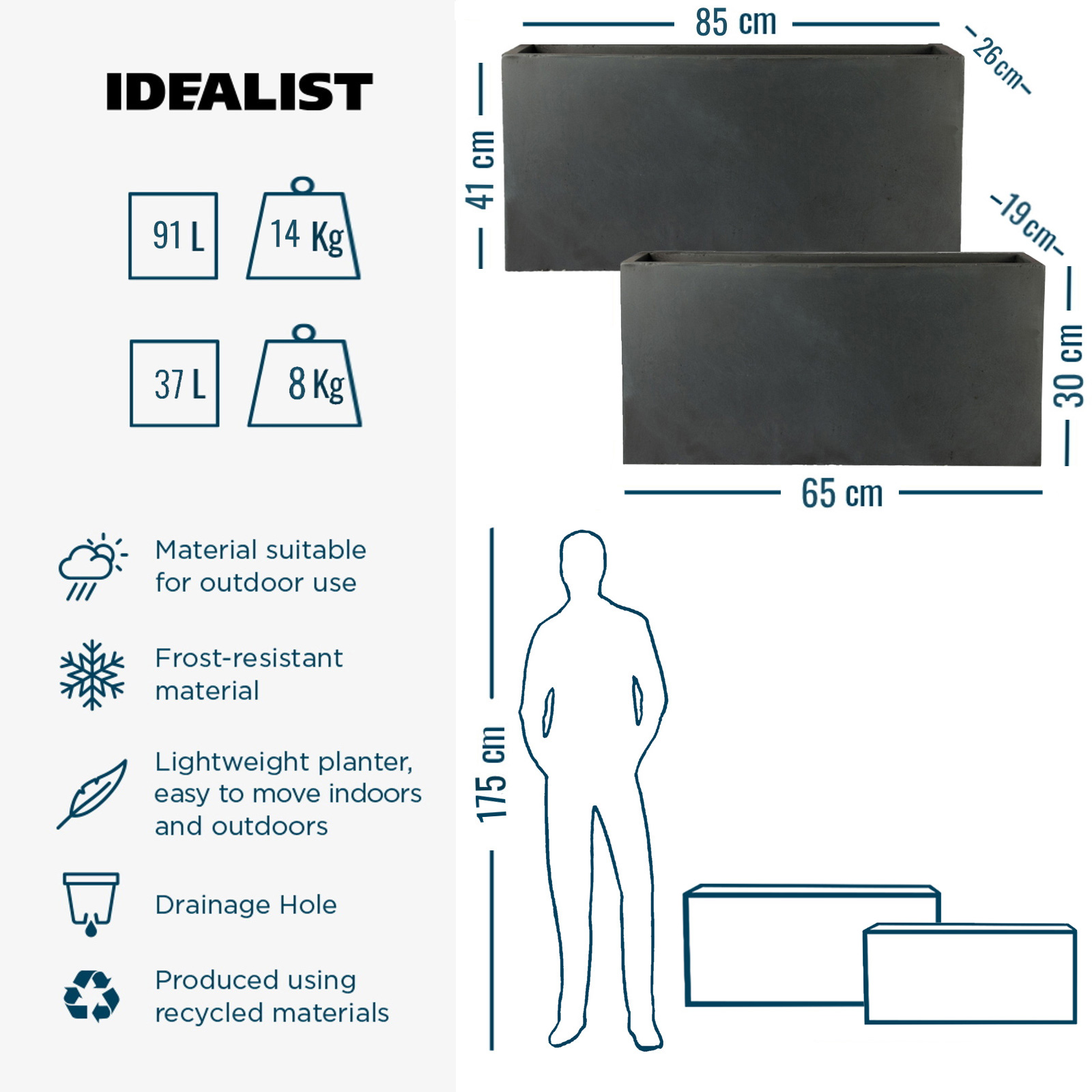 IDEALIST Lite Contemporary Light Concrete High Trough Planter Set