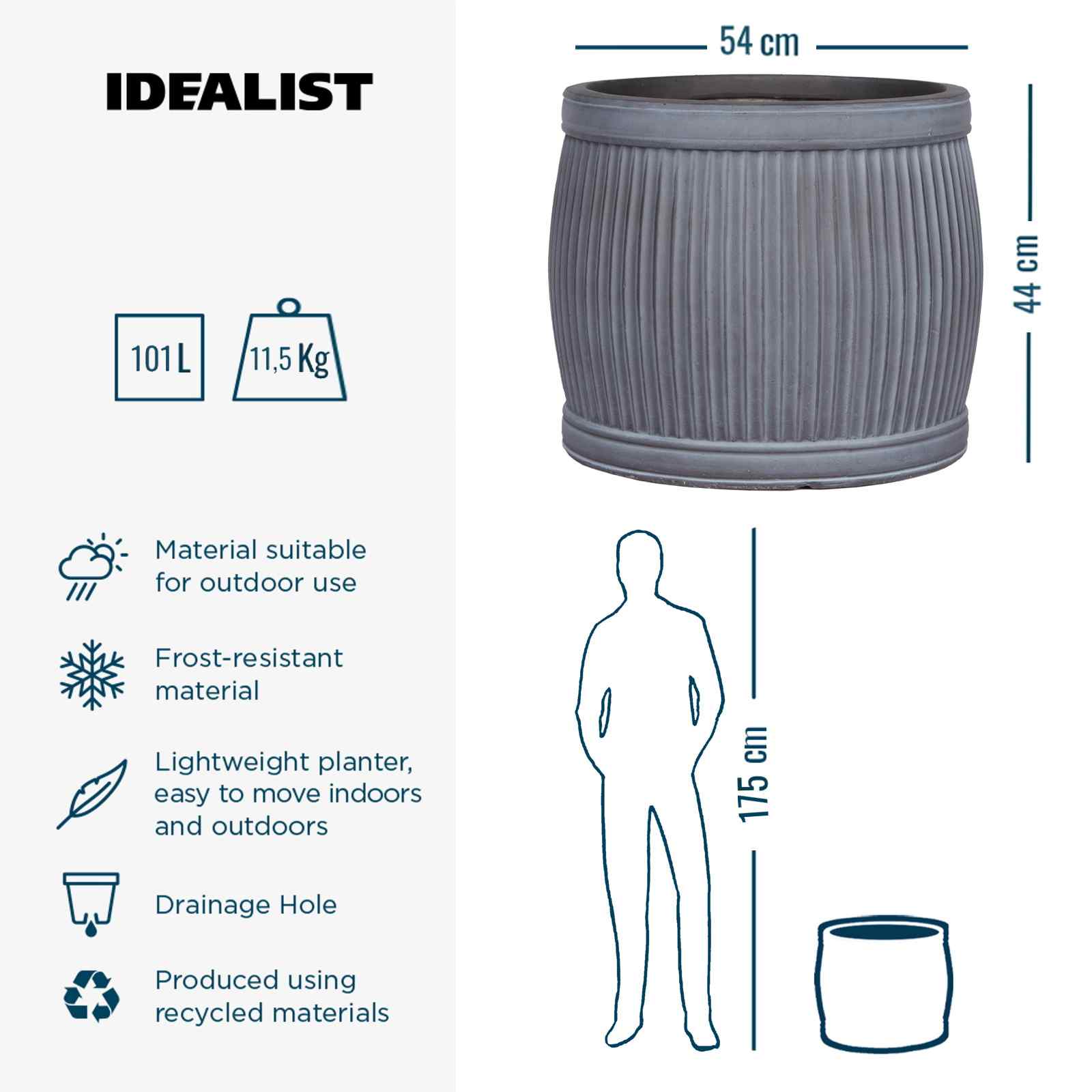 IDEALIST Lite Vertical Ribbed Vintage Style Barrel Round Planter